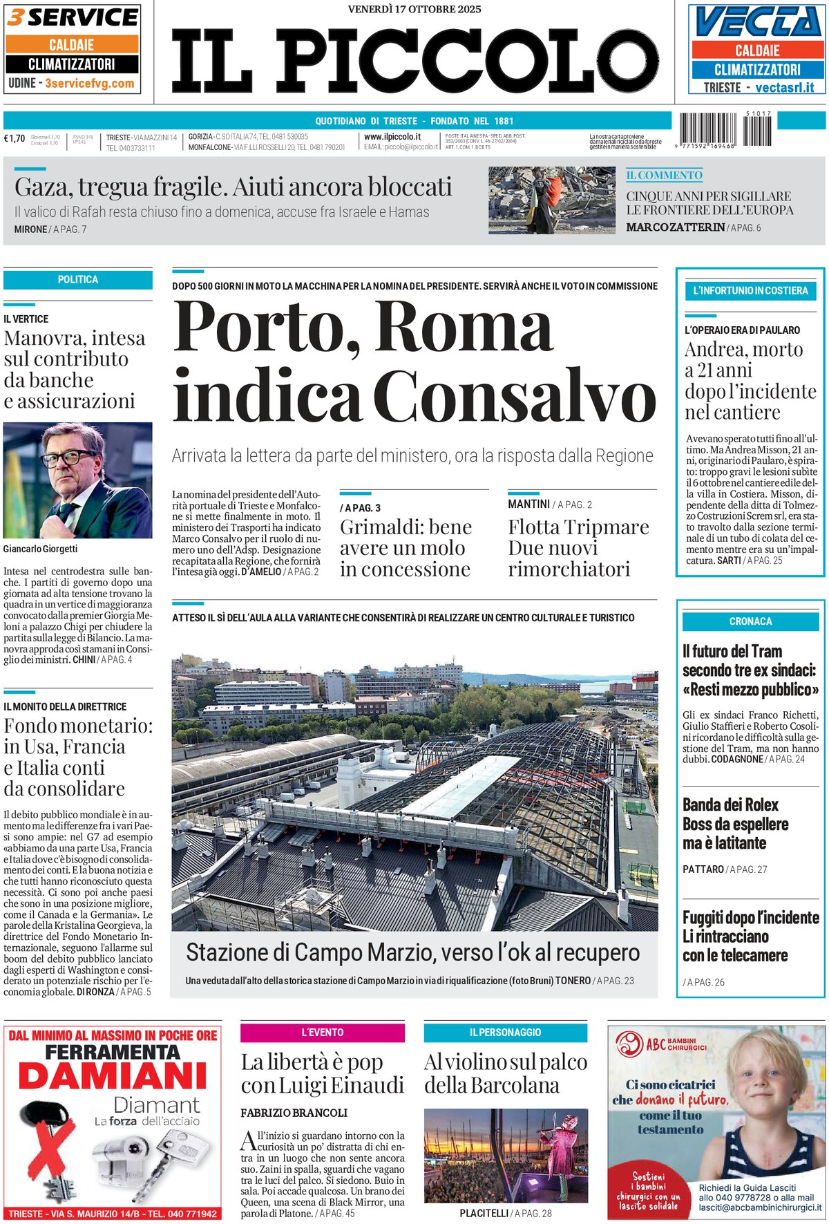 Prima Pagina Il Piccolo (Trieste) 17/10/2025