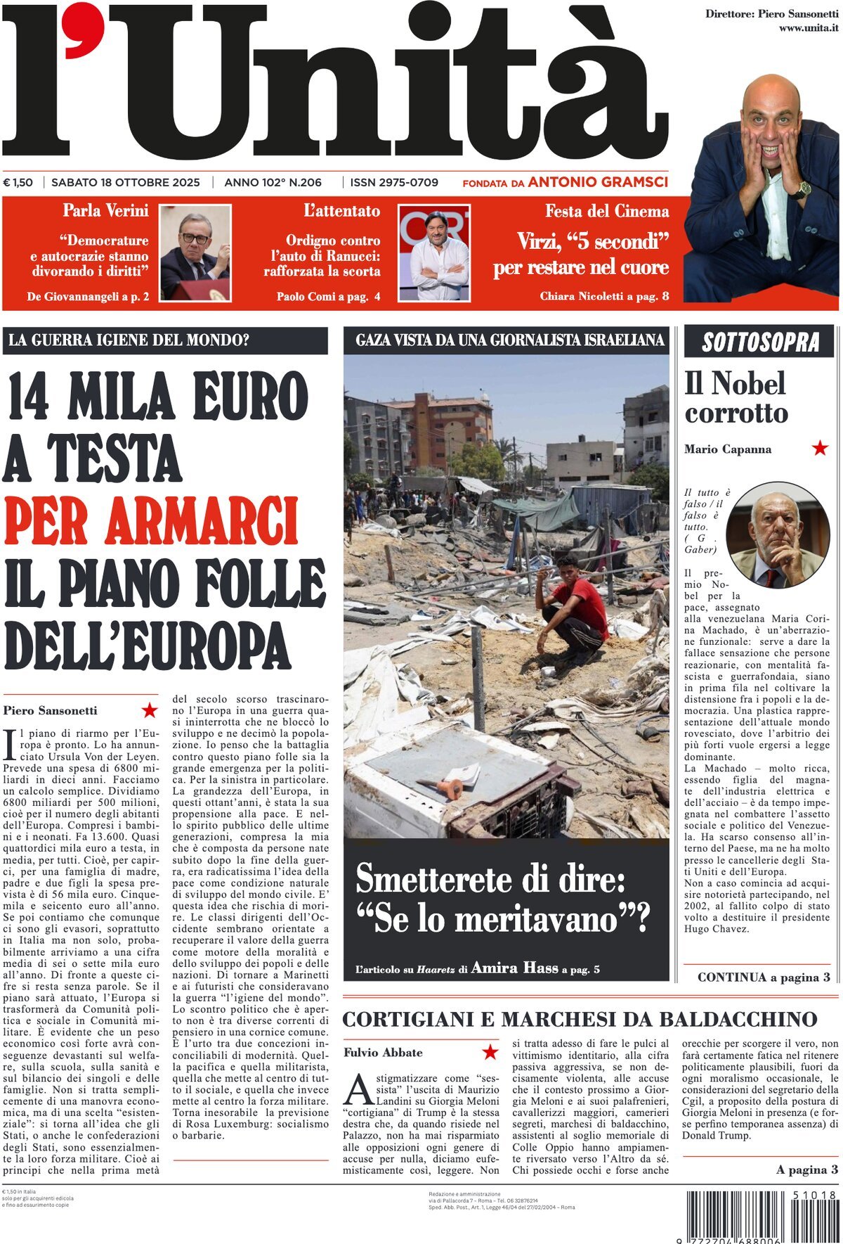 Prima Pagina L'Unità 18/10/2025