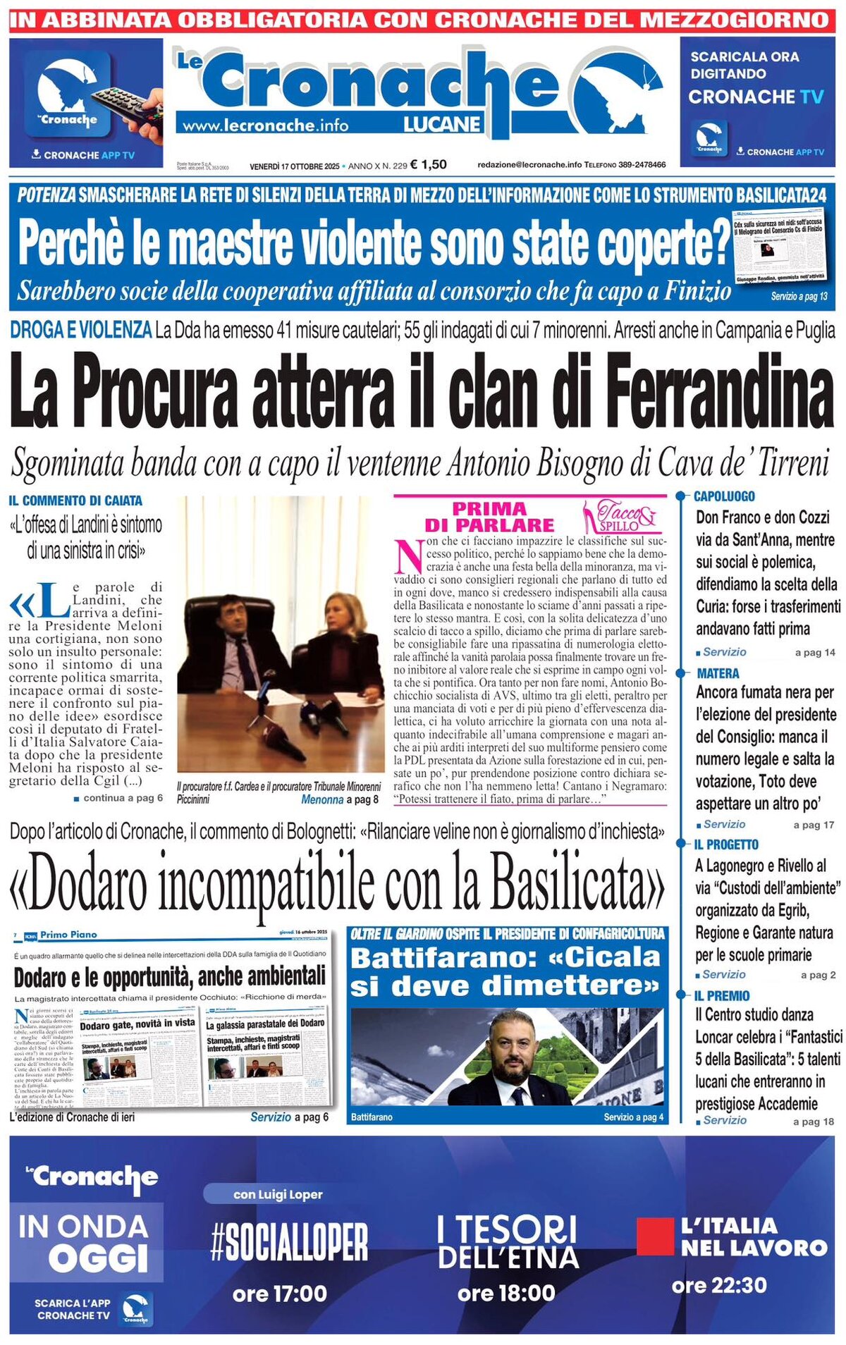 Prima Pagina Le Cronache Lucane 17/10/2025