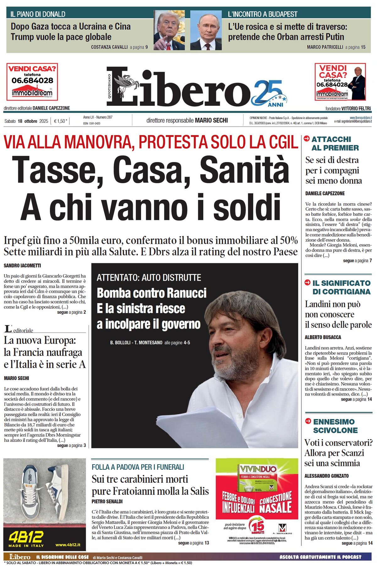 Prima Pagina Libero Quotidiano 18/10/2025