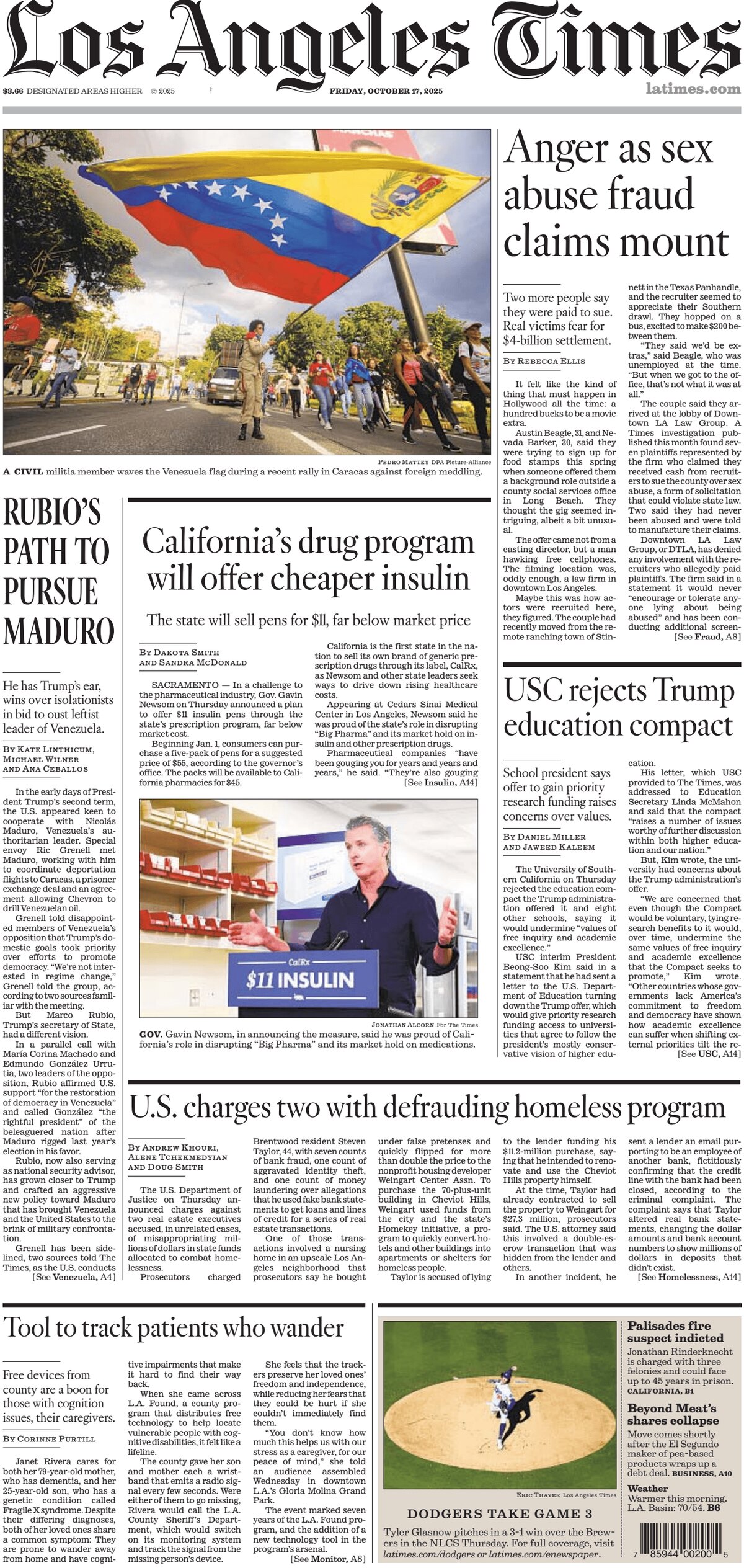 Prima Pagina Los Angeles Times 17/10/2025