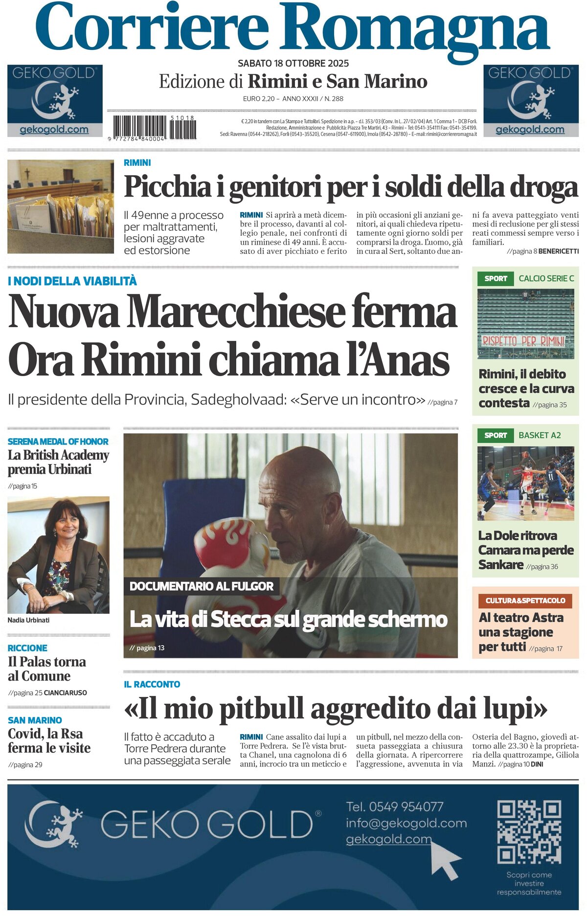 Prima Pagina Corriere Romagna (Rimini e San Marino) 18/10/2025