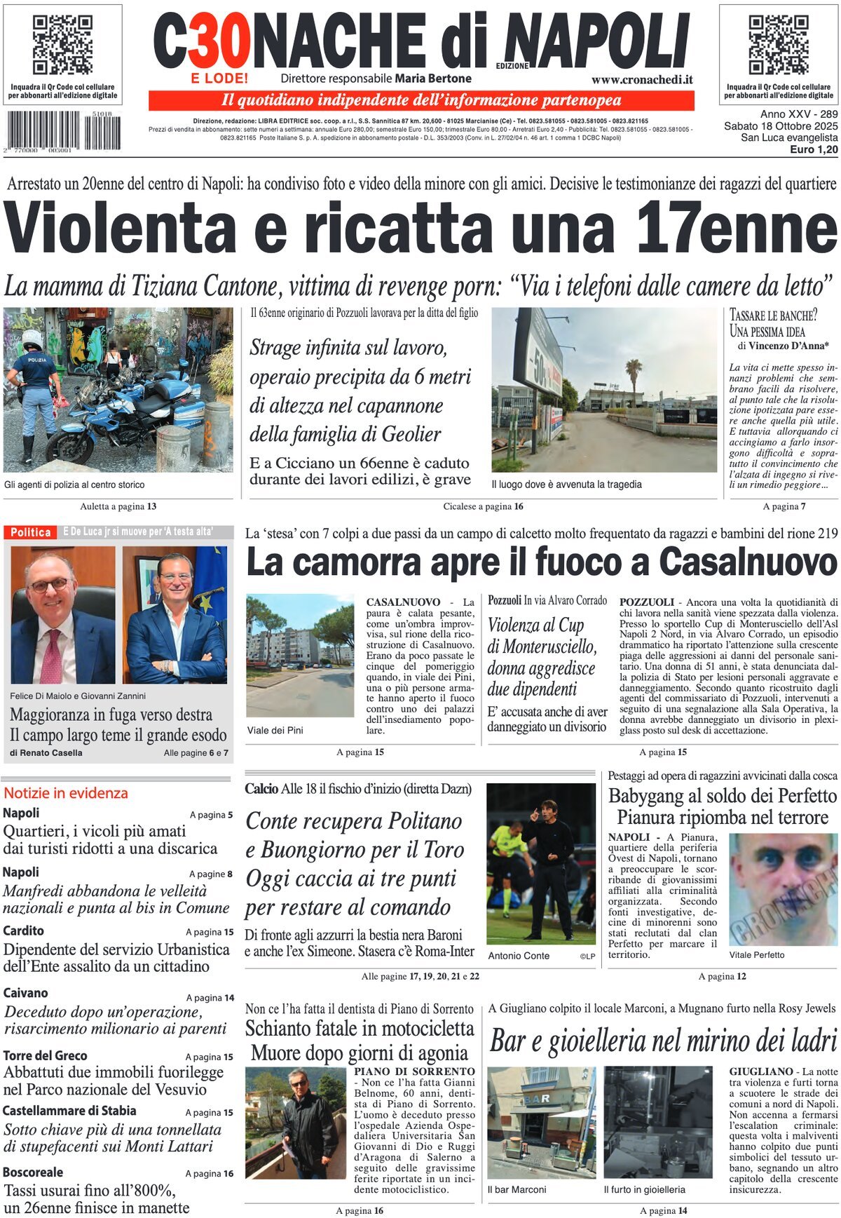 Prima Pagina Cronache di Napoli 18/10/2025