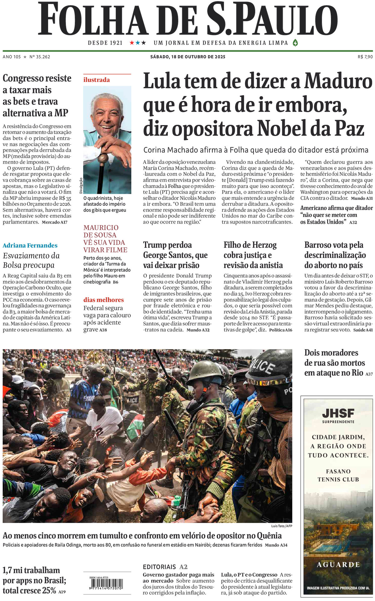 Prima Pagina Folha de S.Paulo 18/10/2025