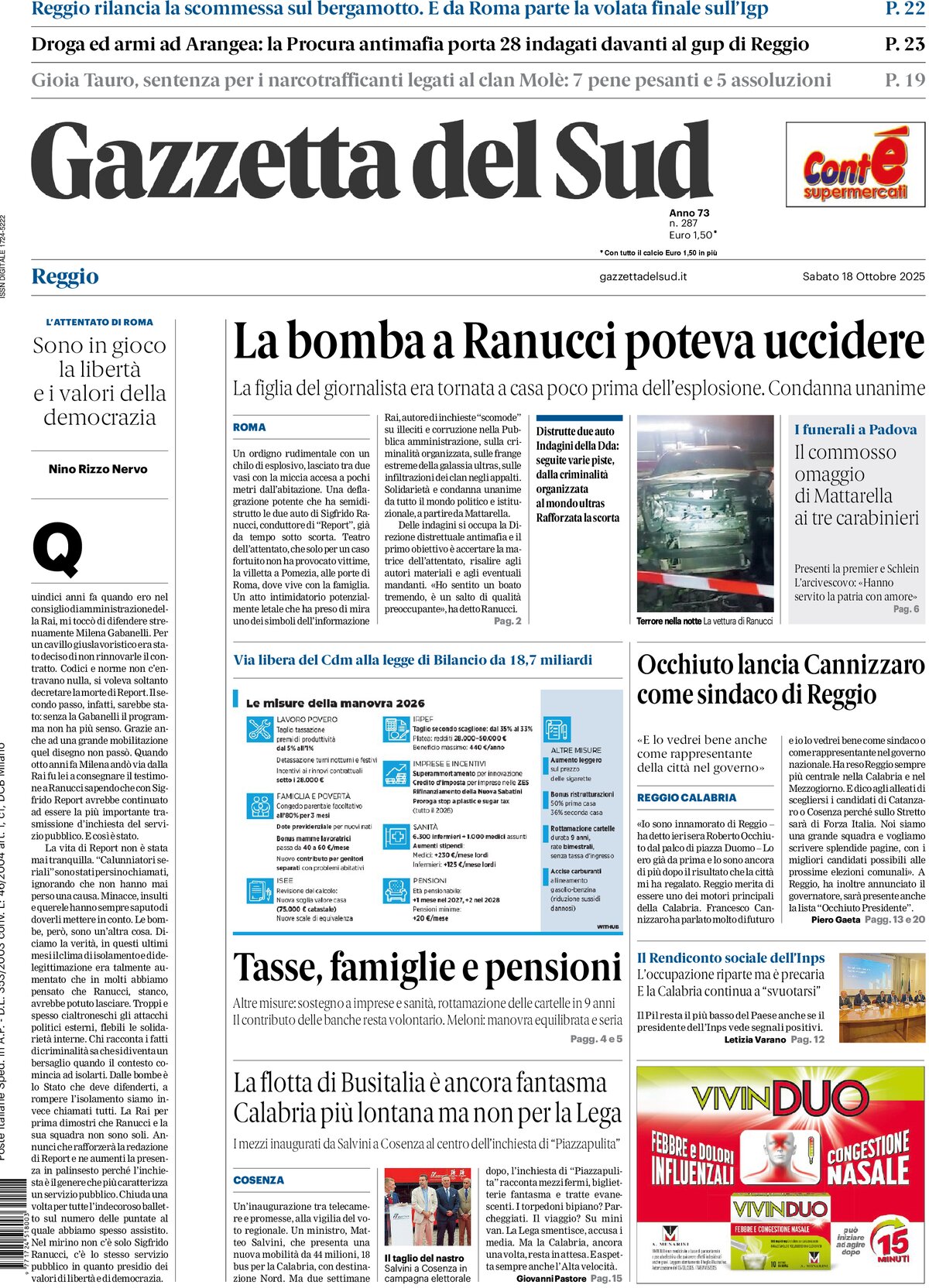 Prima Pagina Gazzetta del Sud (Reggio Calabria) 18/10/2025