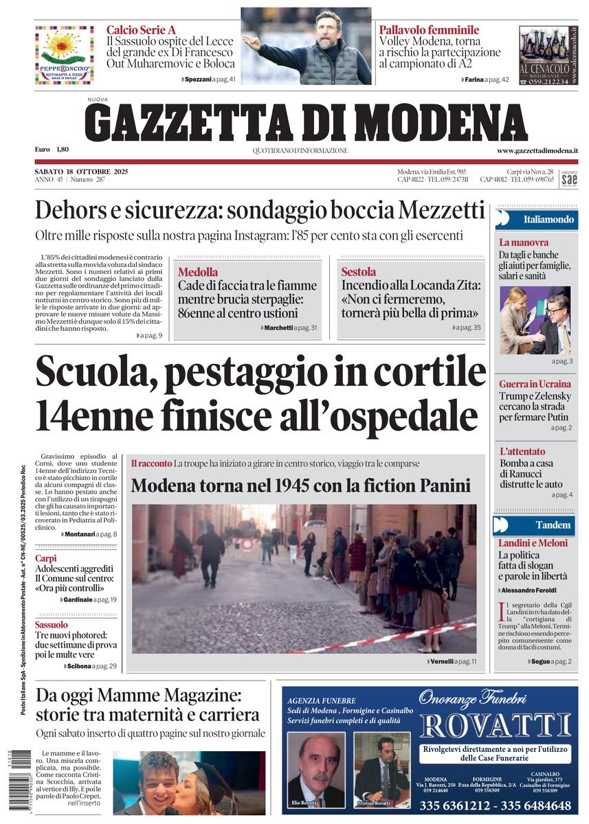 Prima Pagina Gazzetta di Modena 18/10/2025