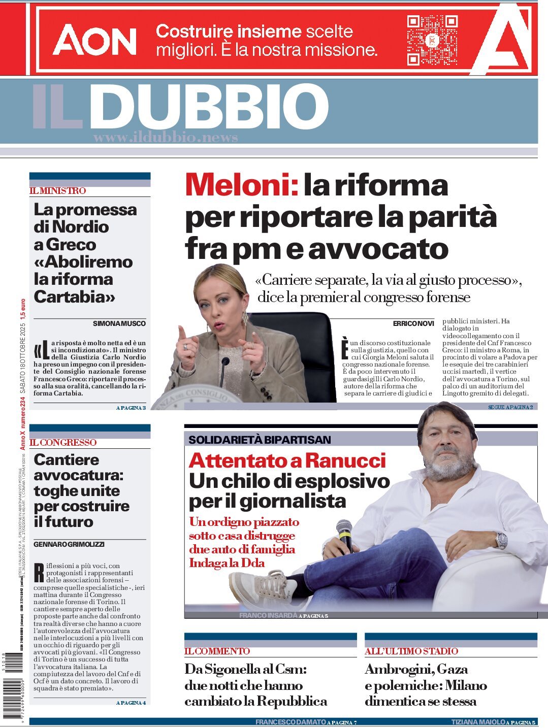 Prima Pagina Il Dubbio 18/10/2025