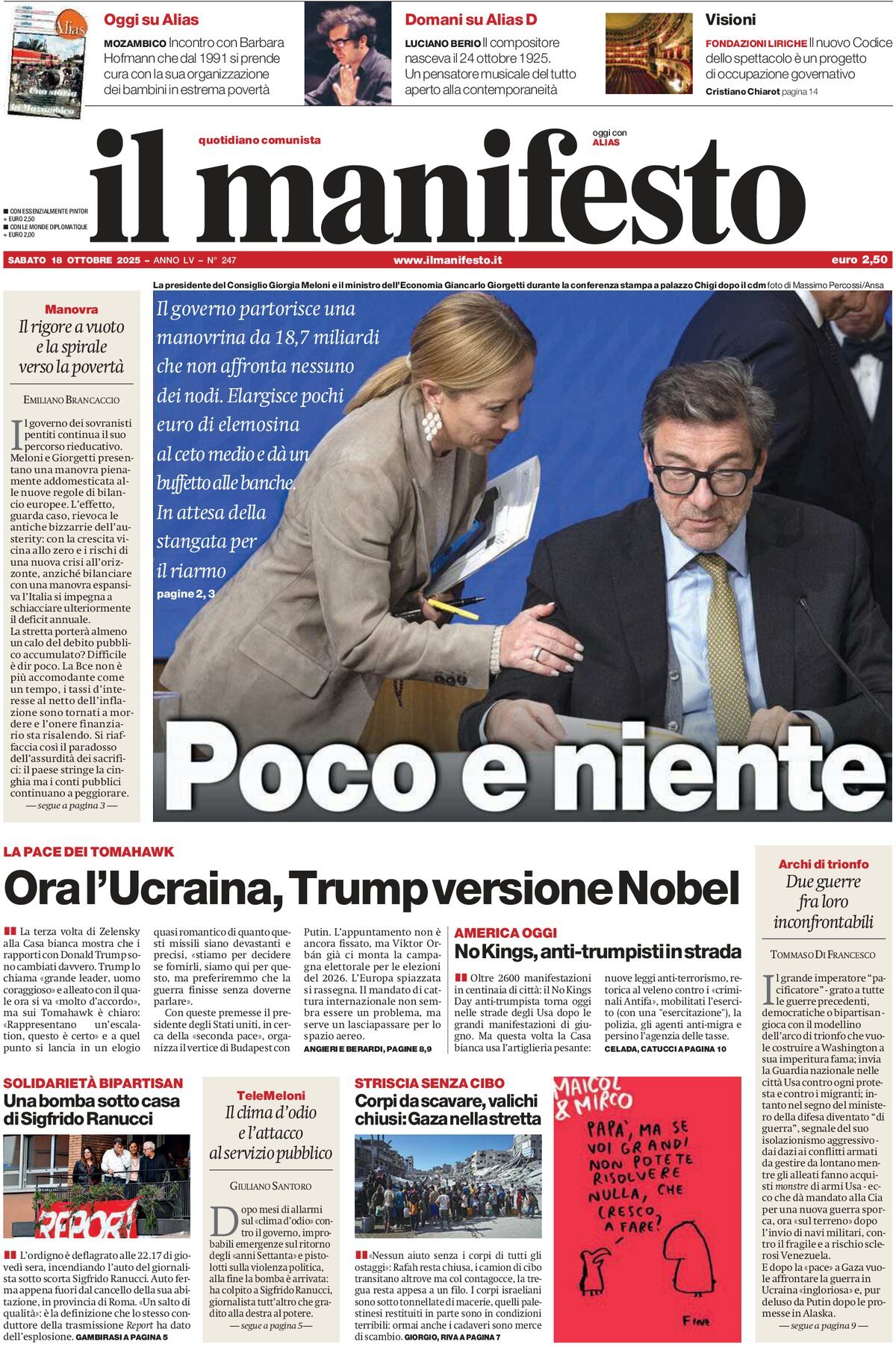 Prima Pagina Il Manifesto 18/10/2025