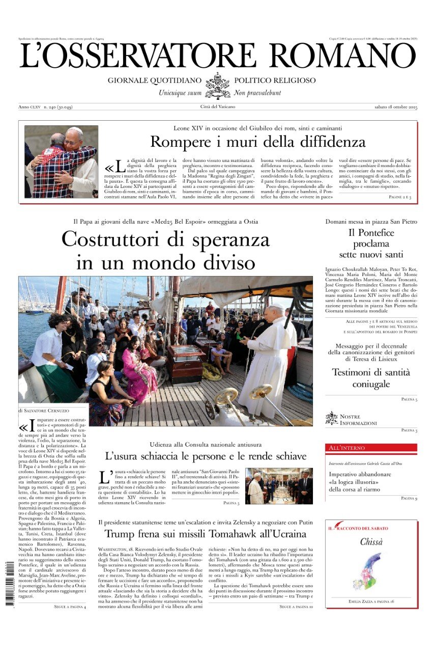 Prima Pagina L'Osservatore Romano 18/10/2025