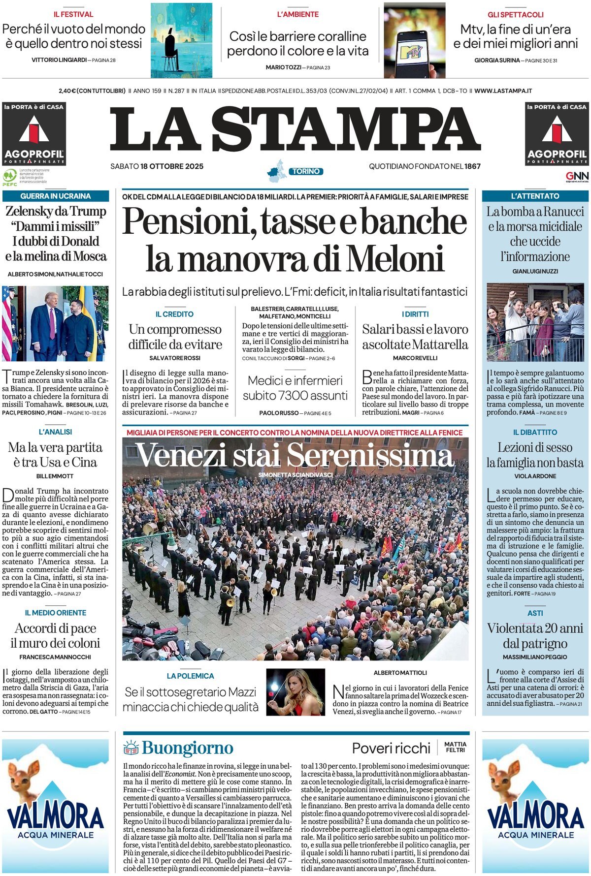 Prima Pagina La Stampa 18/10/2025