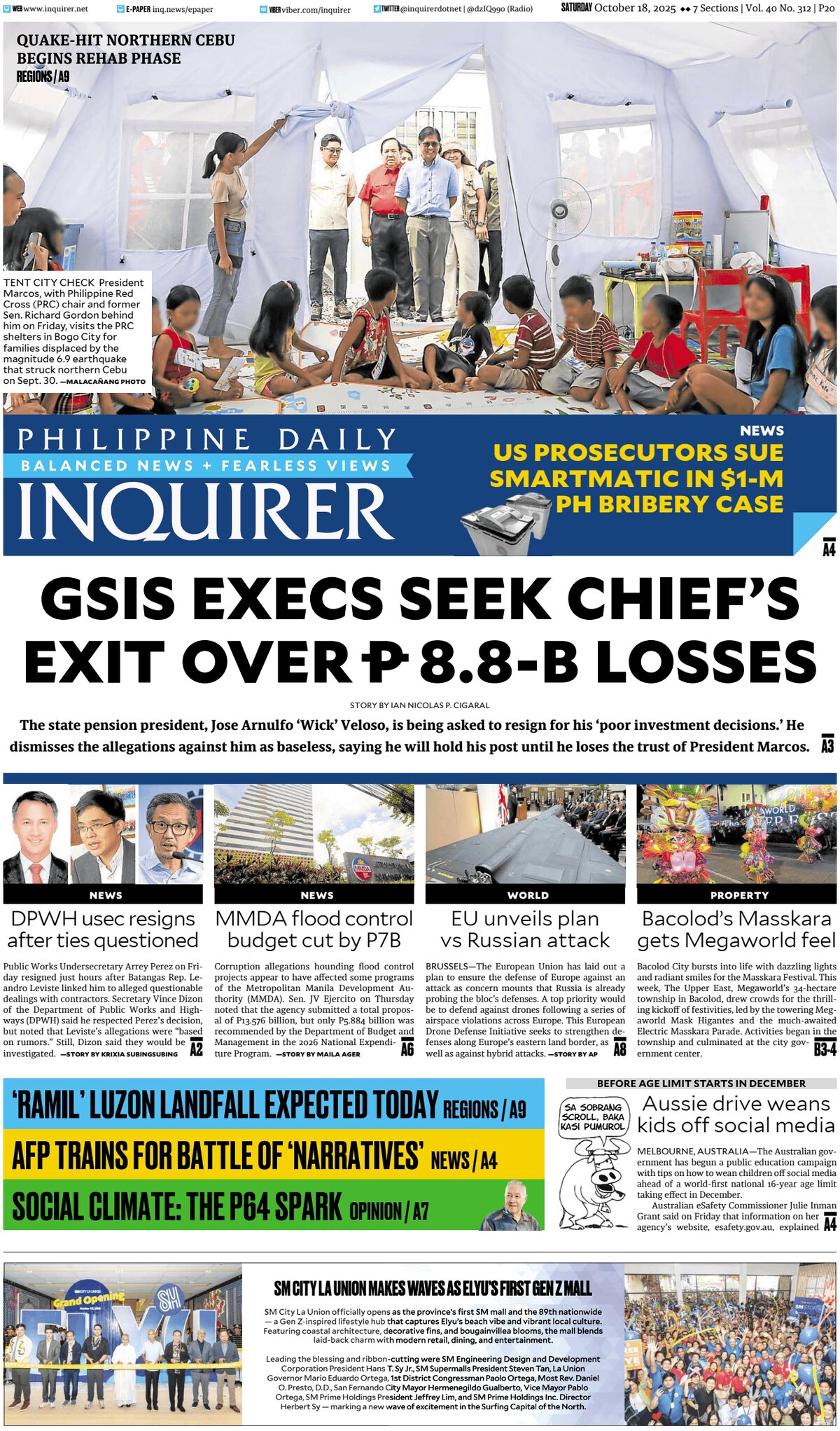 Prima Pagina Philippine Daily Inquirer 18/10/2025