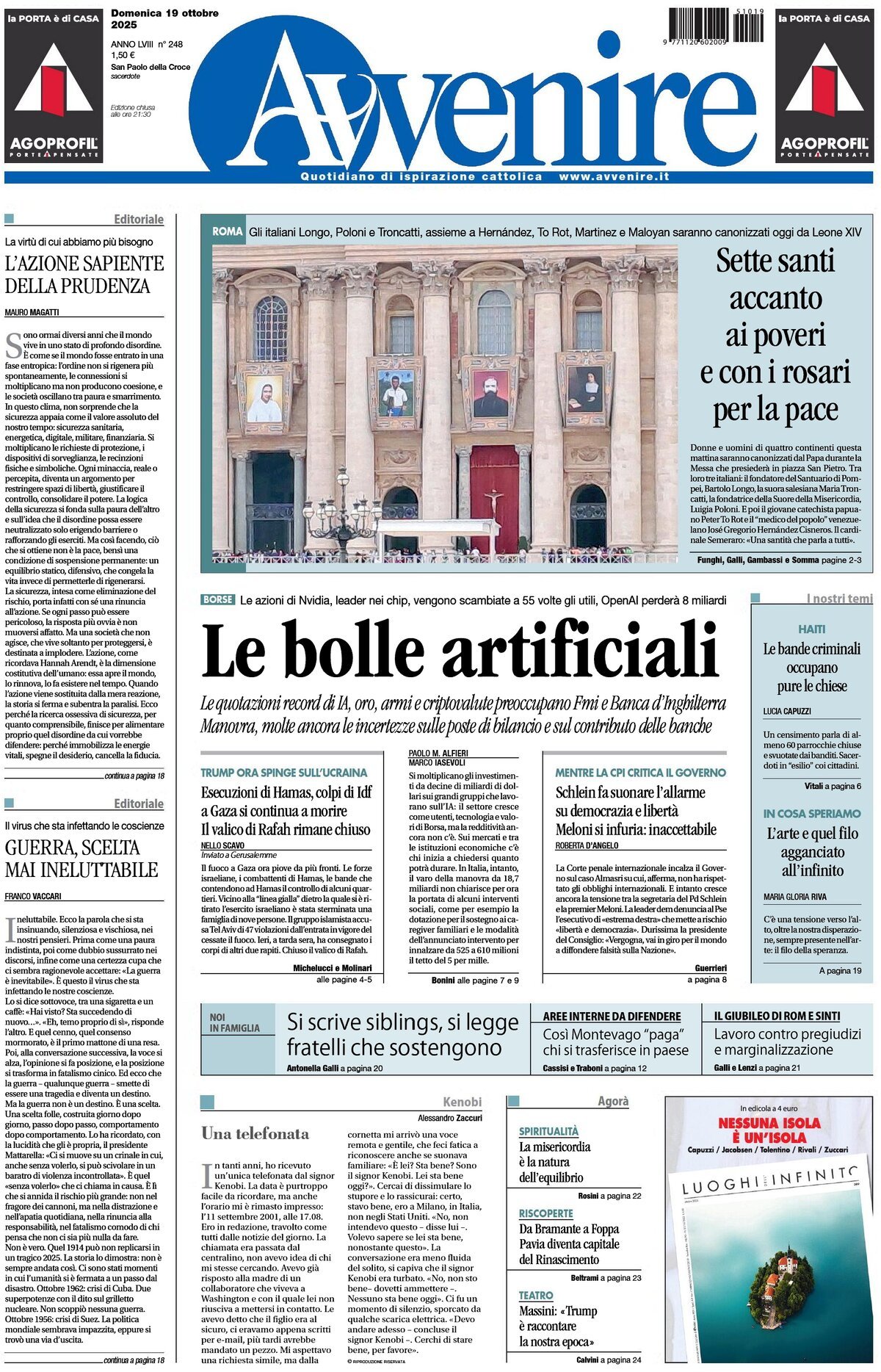 Prima Pagina Avvenire 19/10/2025