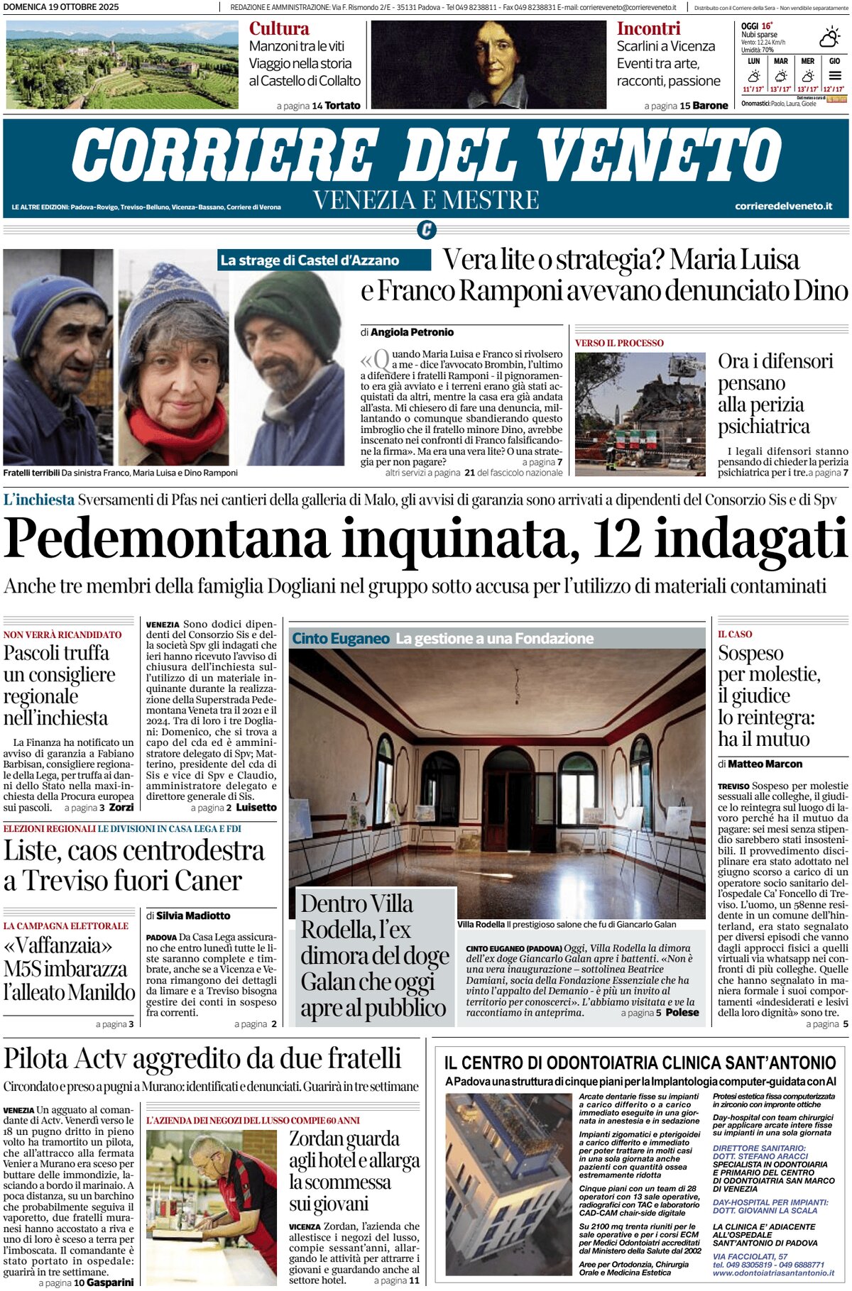Prima Pagina Corriere del Veneto 19/10/2025