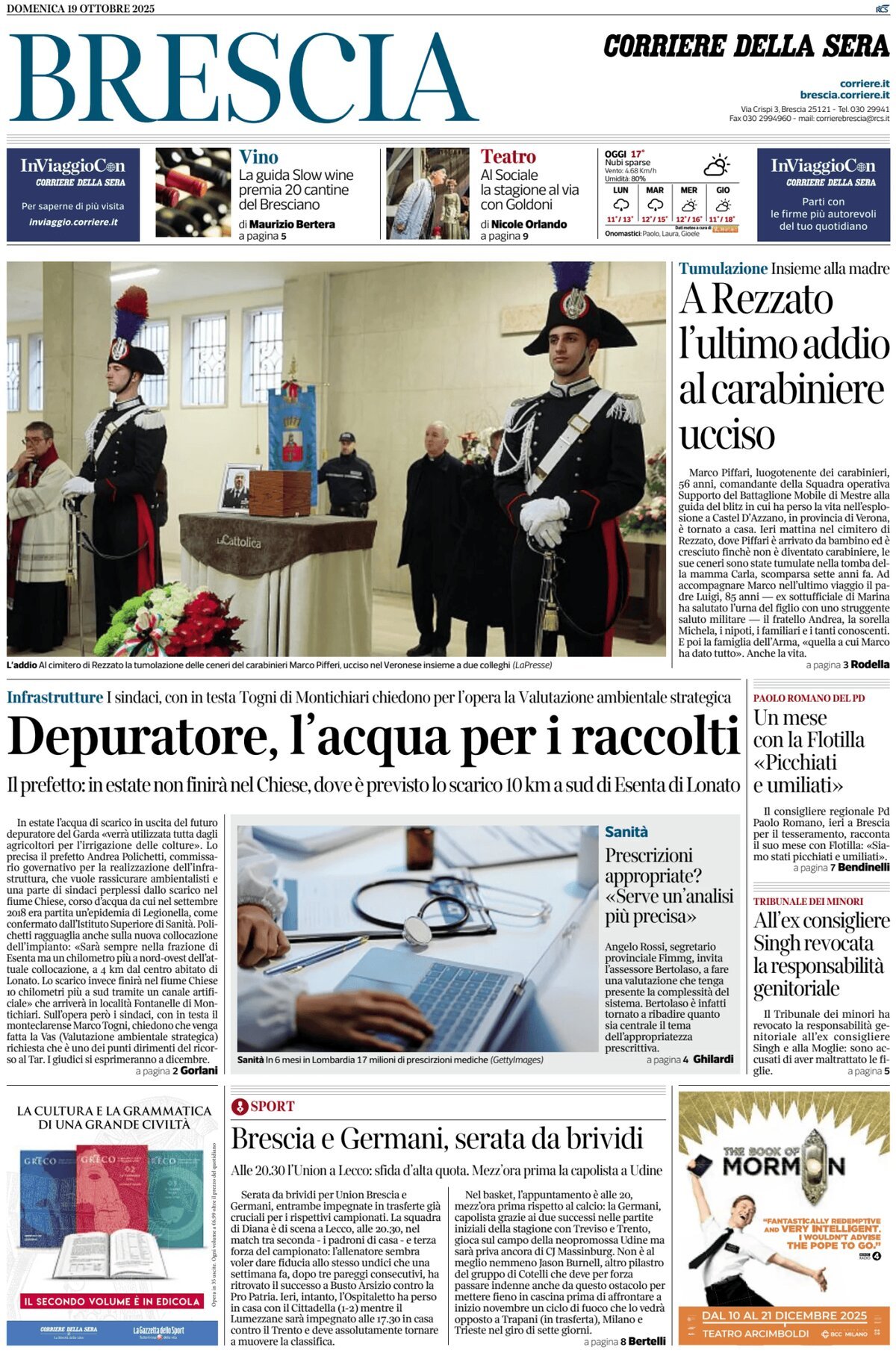 Prima Pagina Corriere della Sera (Brescia) 19/10/2025