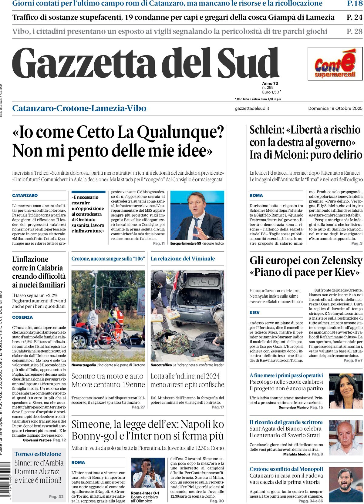 Prima Pagina Gazzetta del Sud (Catanzaro) 19/10/2025