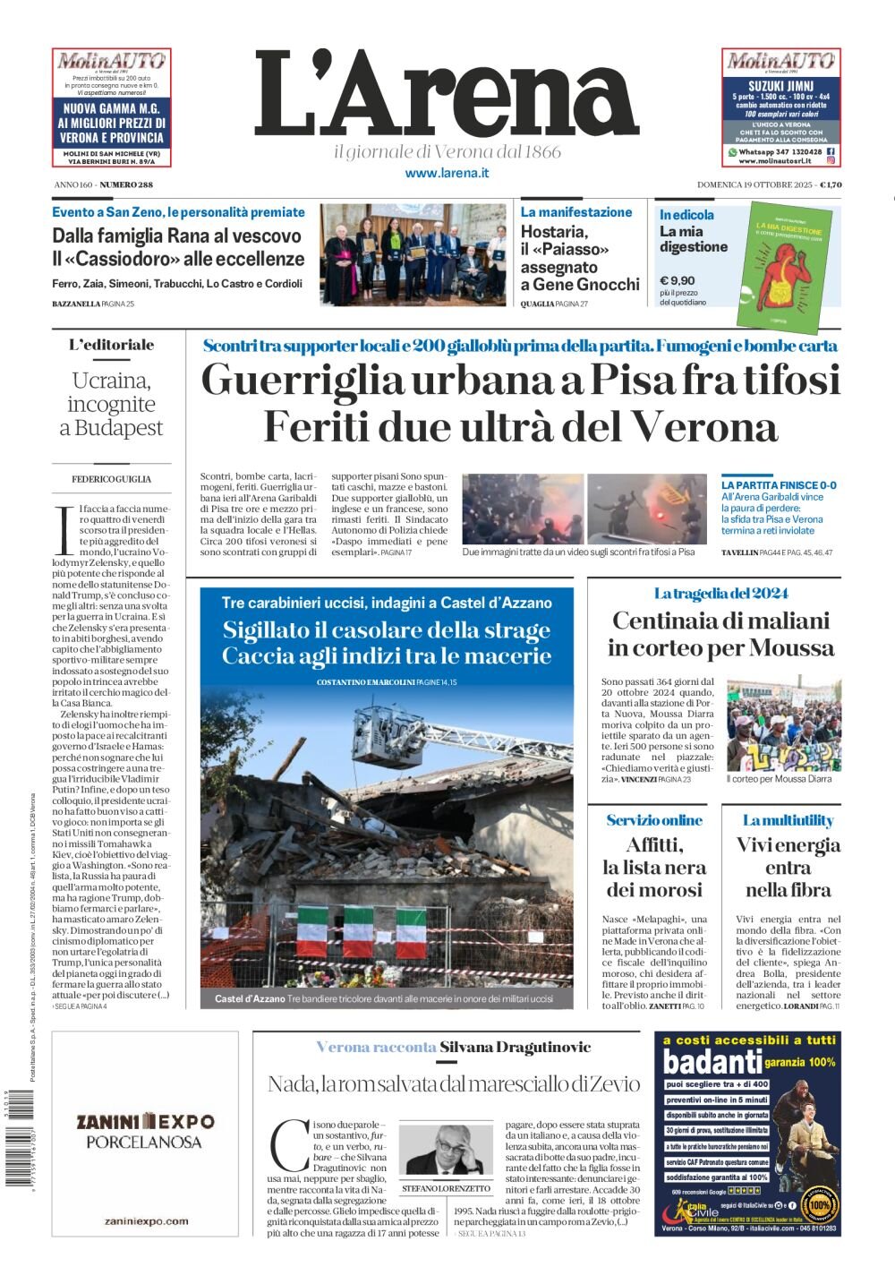Prima Pagina L'Arena (Verona) 19/10/2025