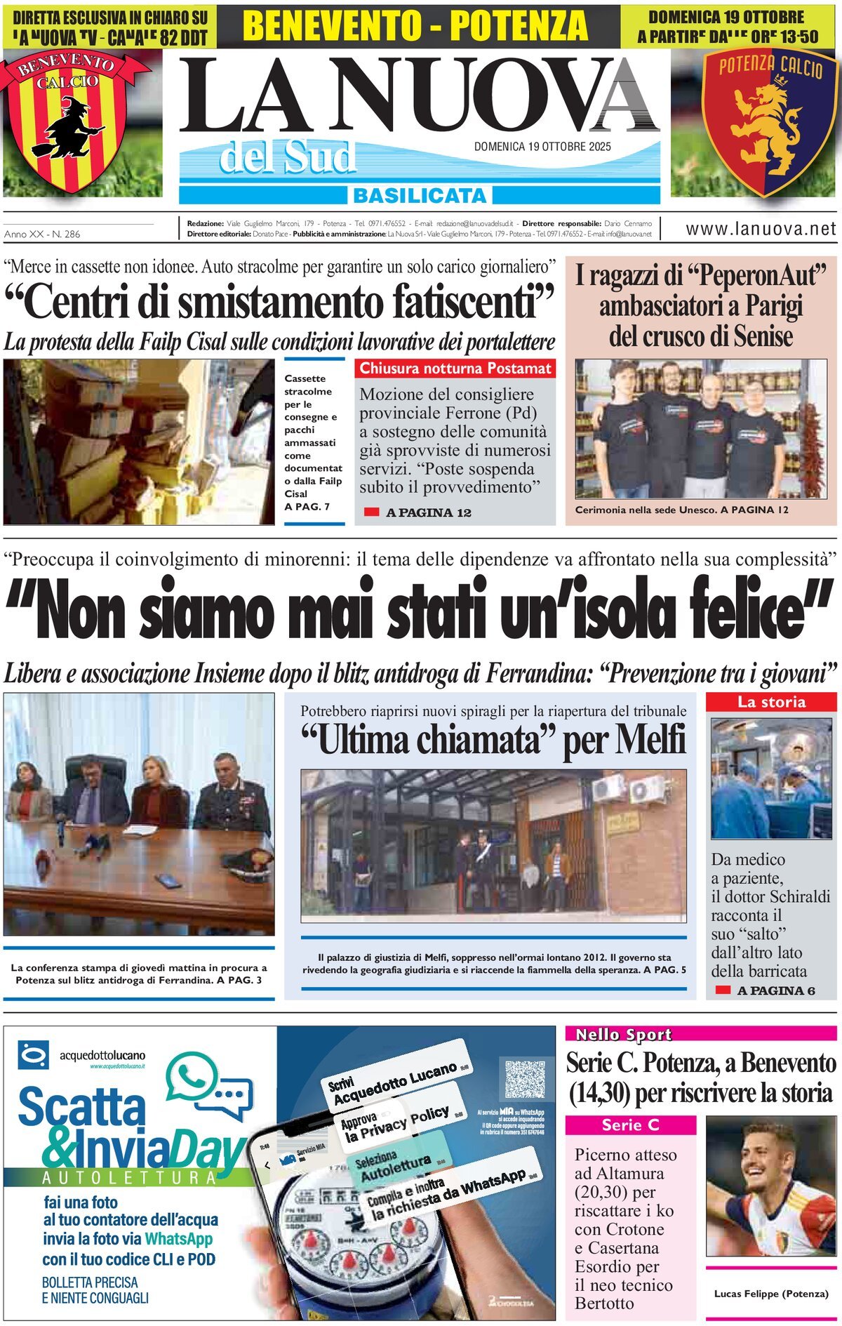 Prima Pagina La Nuova del Sud (Basilicata) 19/10/2025