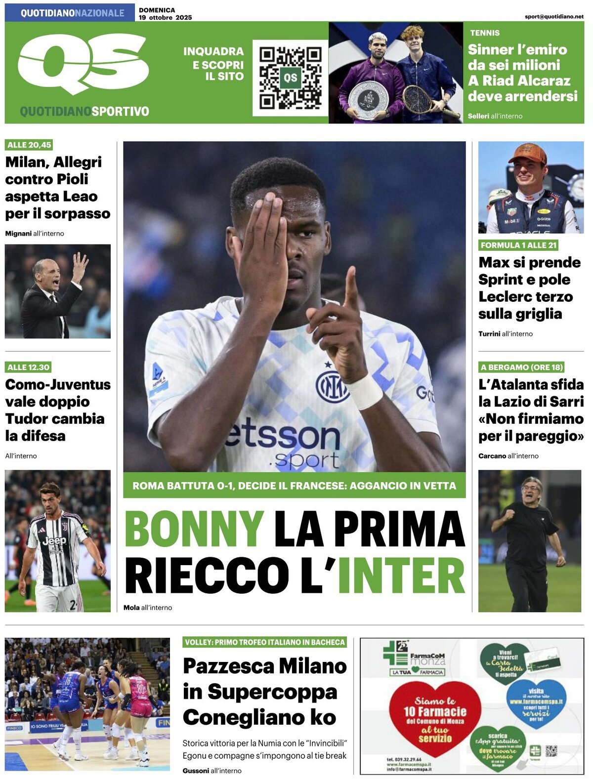 Prima Pagina QS Quotidiano Sportivo 19/10/2025