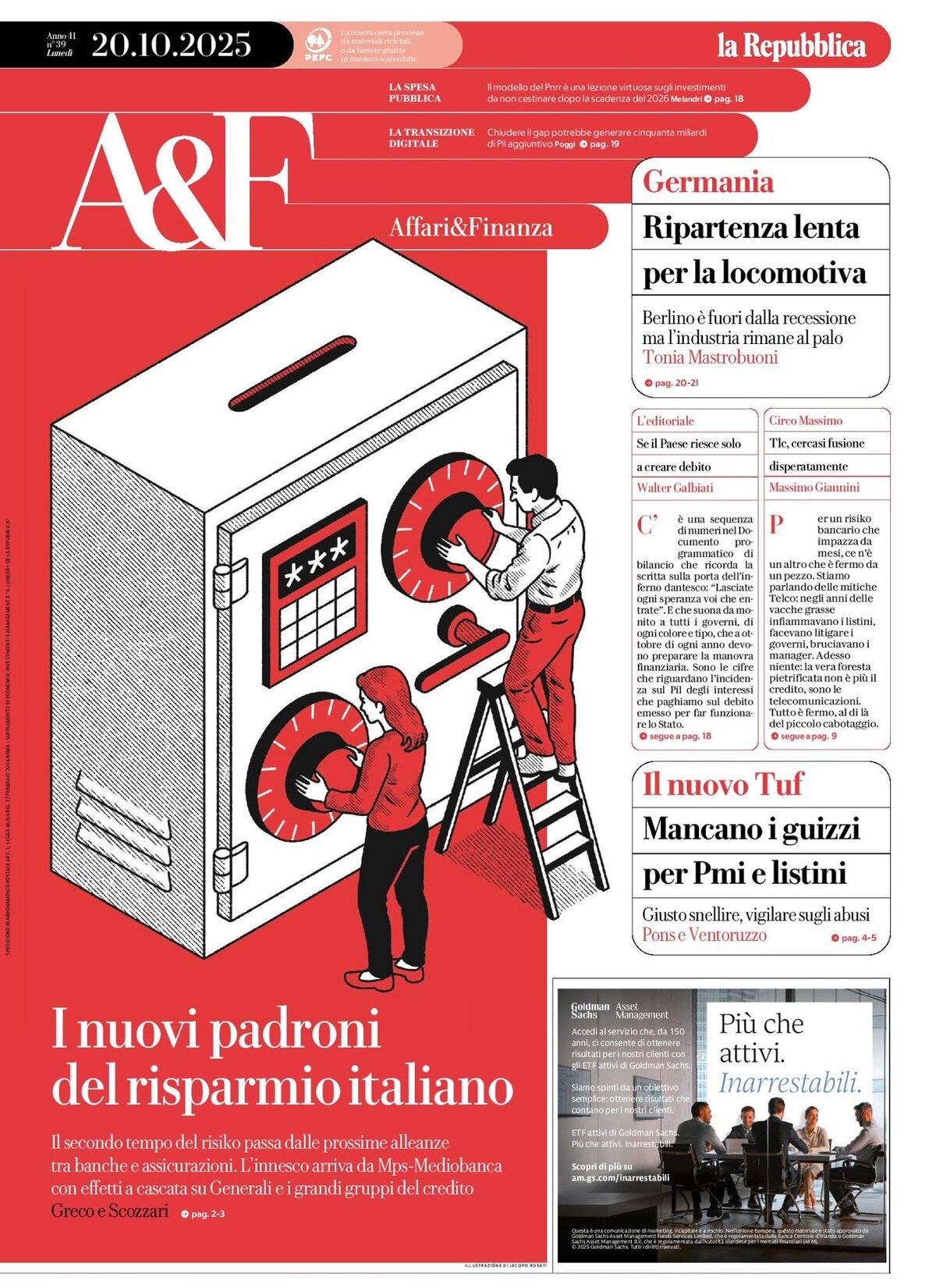Copertina Affari & Finanza (la Repubblica) 20/10/2025