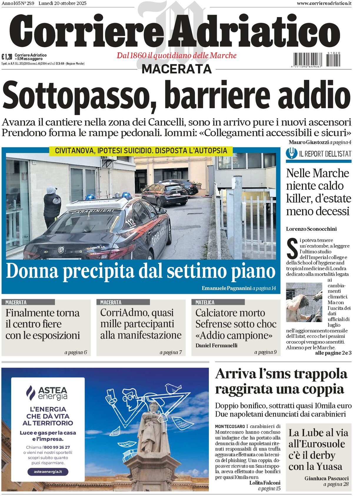 Prima Pagina Corriere Adriatico (Macerata) 20/10/2025