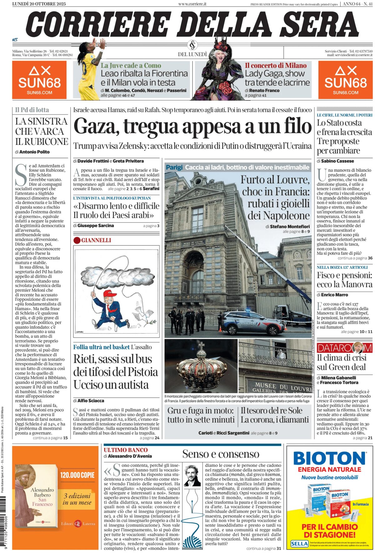 Prima Pagina Corriere della Sera 20/10/2025