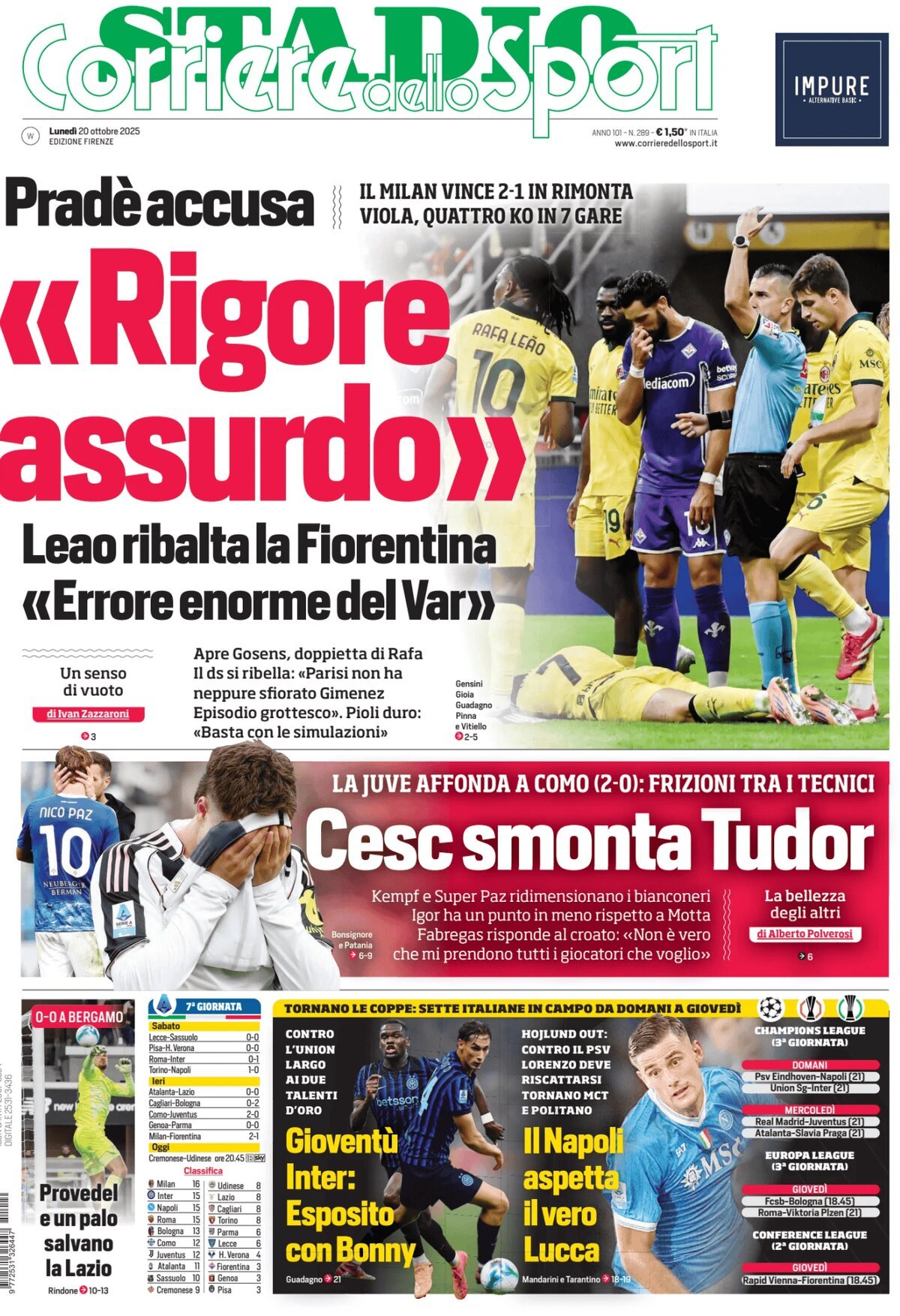 Prima Pagina Corriere dello Sport (Firenze) 20/10/2025