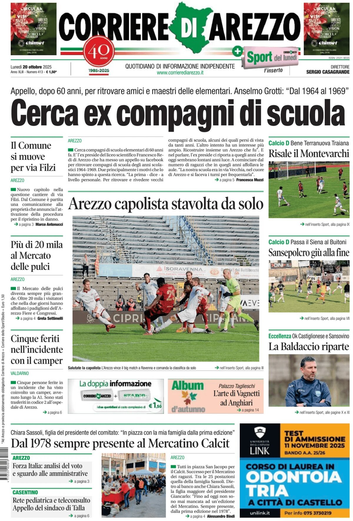 Prima Pagina Corriere di Arezzo 20/10/2025