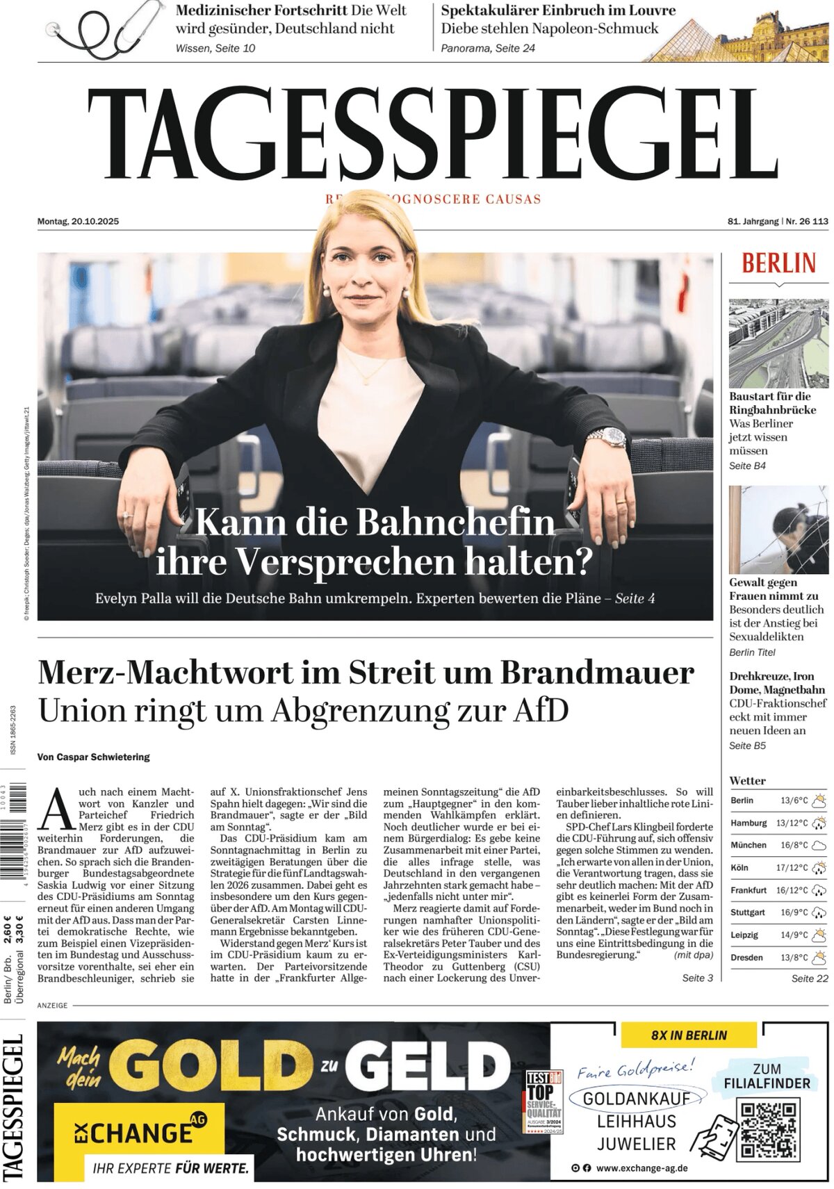 Prima Pagina Der Tagesspiegel 20/10/2025