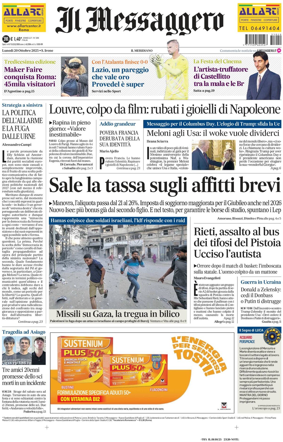 Prima Pagina Il Messaggero 20/10/2025