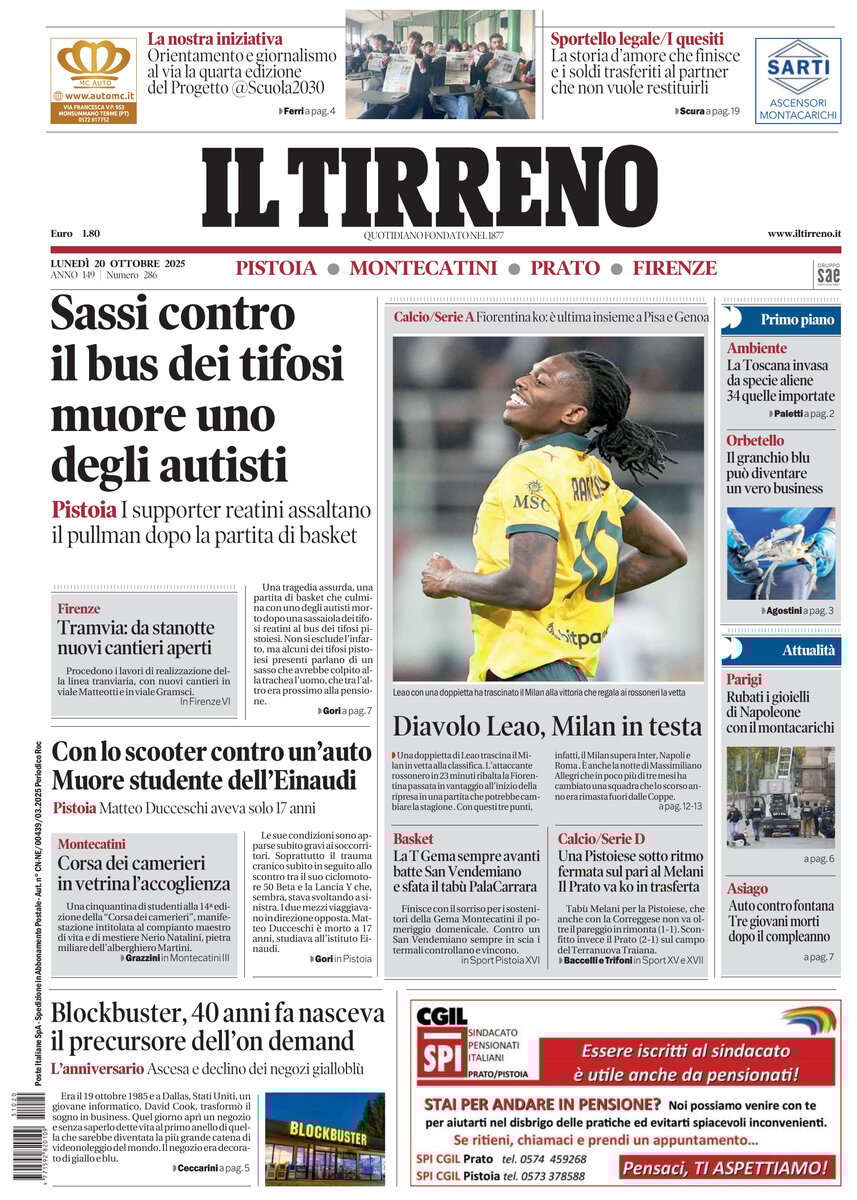 Prima Pagina Il Tirreno (Firenze, Prato, Pistoia, Montecatini) 20/10/2025