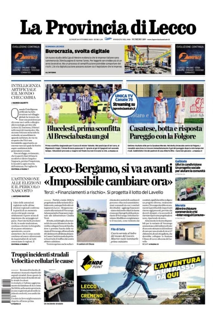 Prima Pagina La Provincia di Lecco 20/10/2025