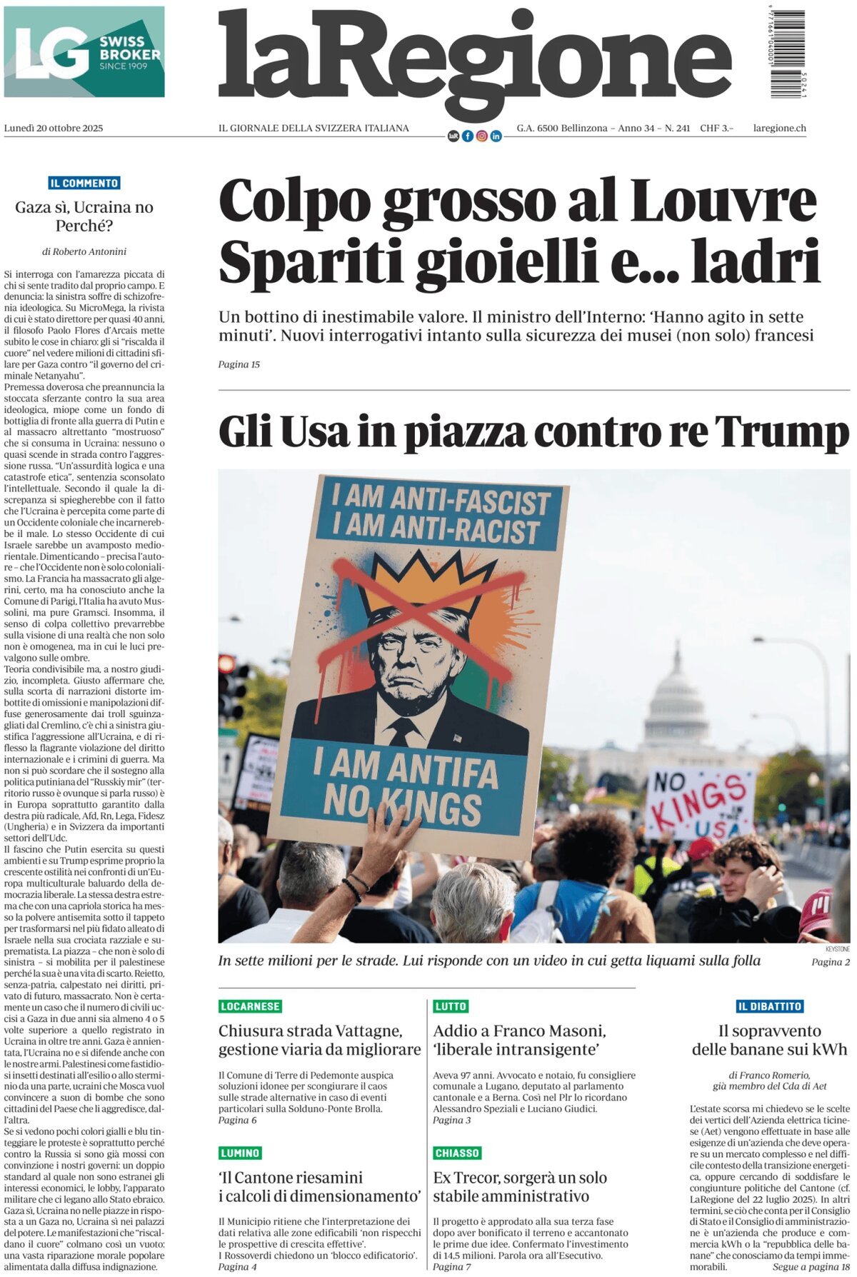 Prima Pagina La Regione 20/10/2025