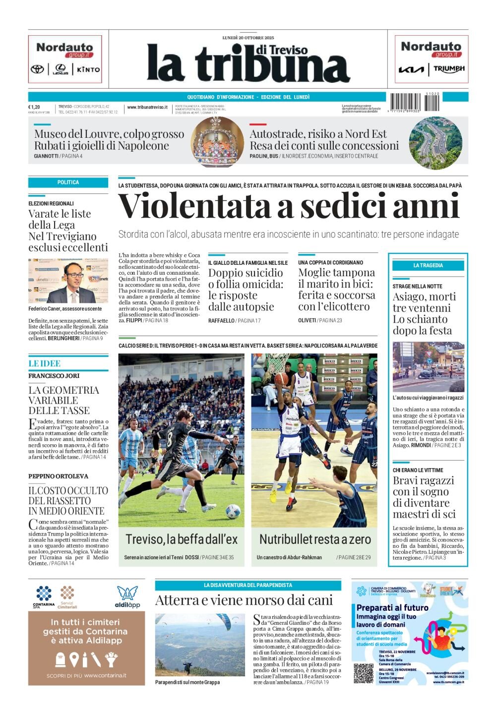 Prima Pagina La Tribuna di Treviso 20/10/2025