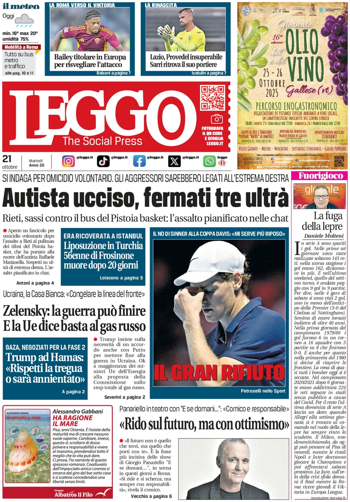 Prima Pagina Leggo (Roma) 21/10/2025