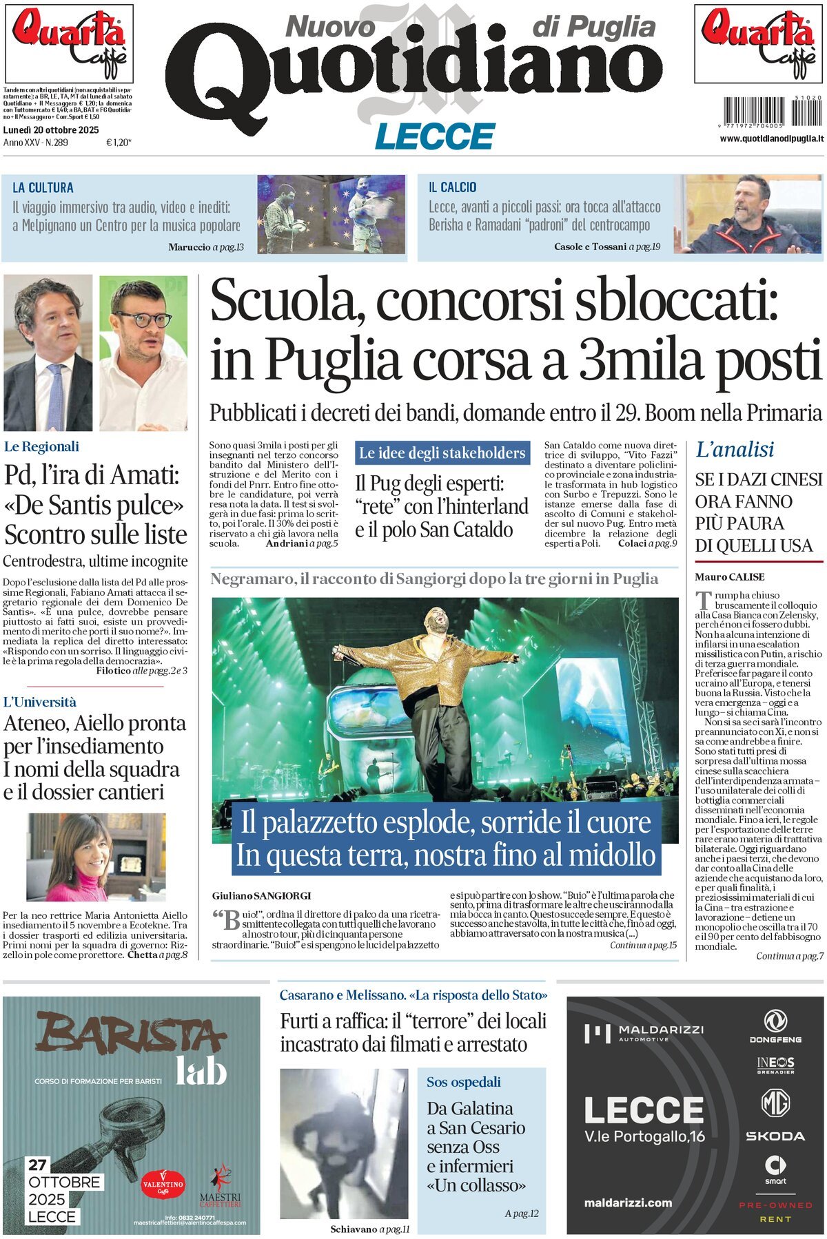 Prima Pagina Nuovo Quotidiano di Puglia (Lecce) 20/10/2025