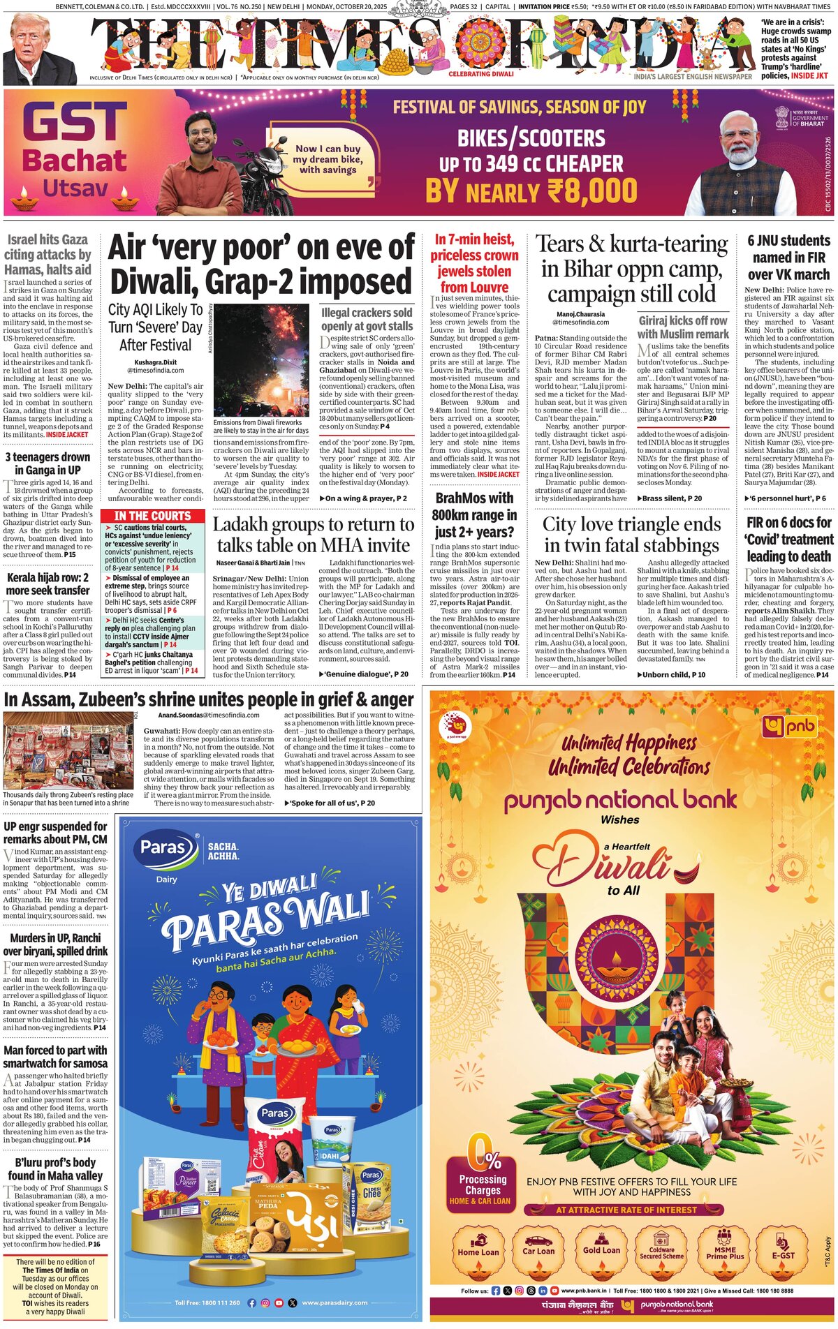 Prima Pagina The Times of India 20/10/2025