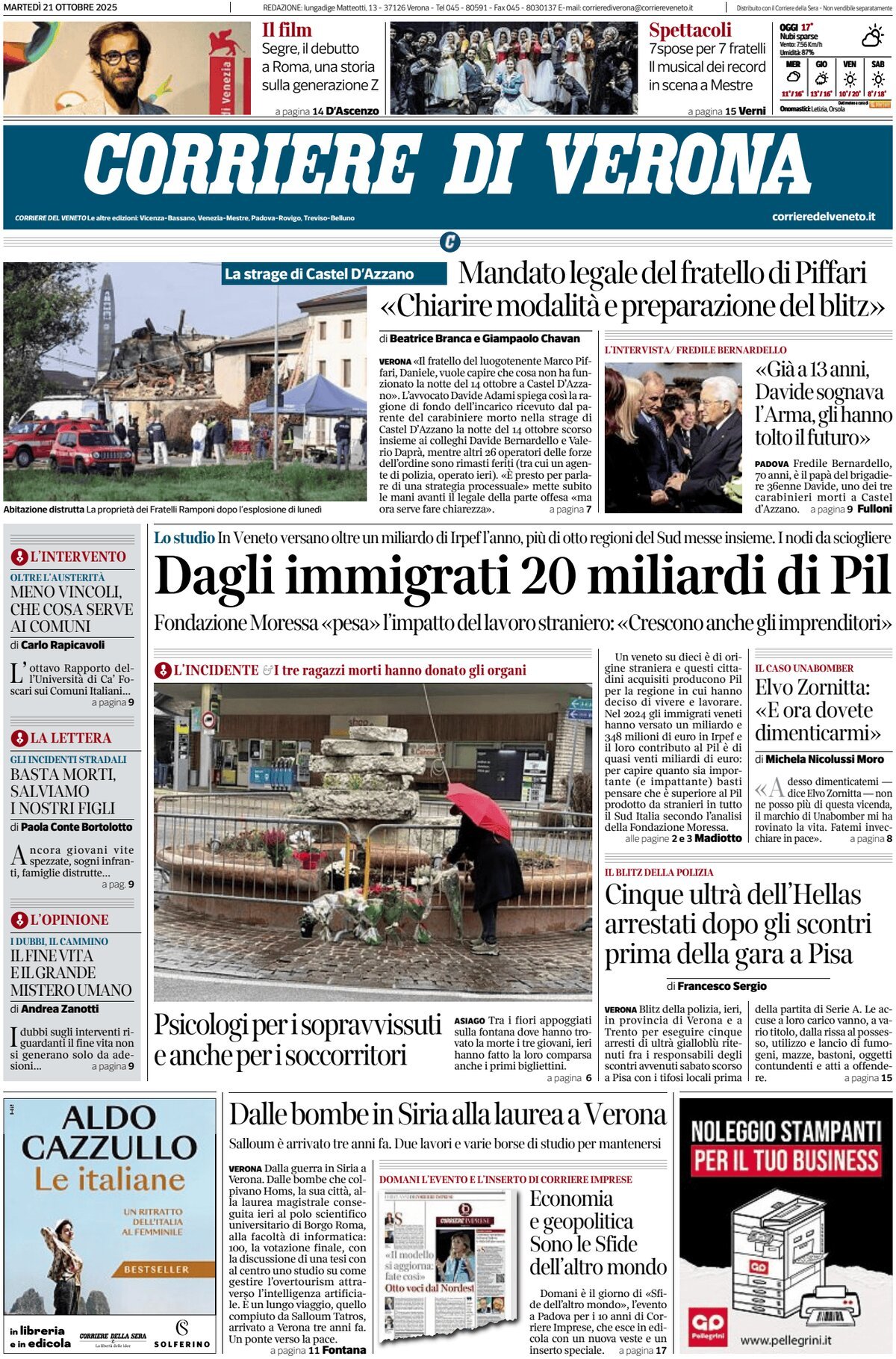 Prima Pagina Corriere di Verona 21/10/2025