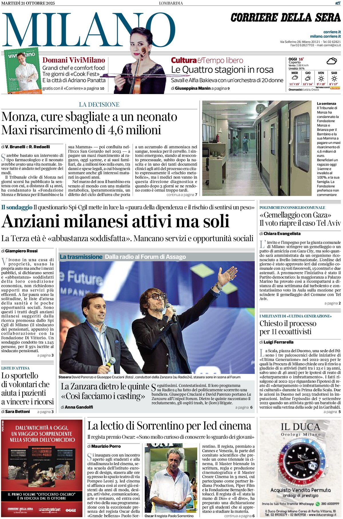 Prima Pagina Corriere della Sera (Milano) 21/10/2025