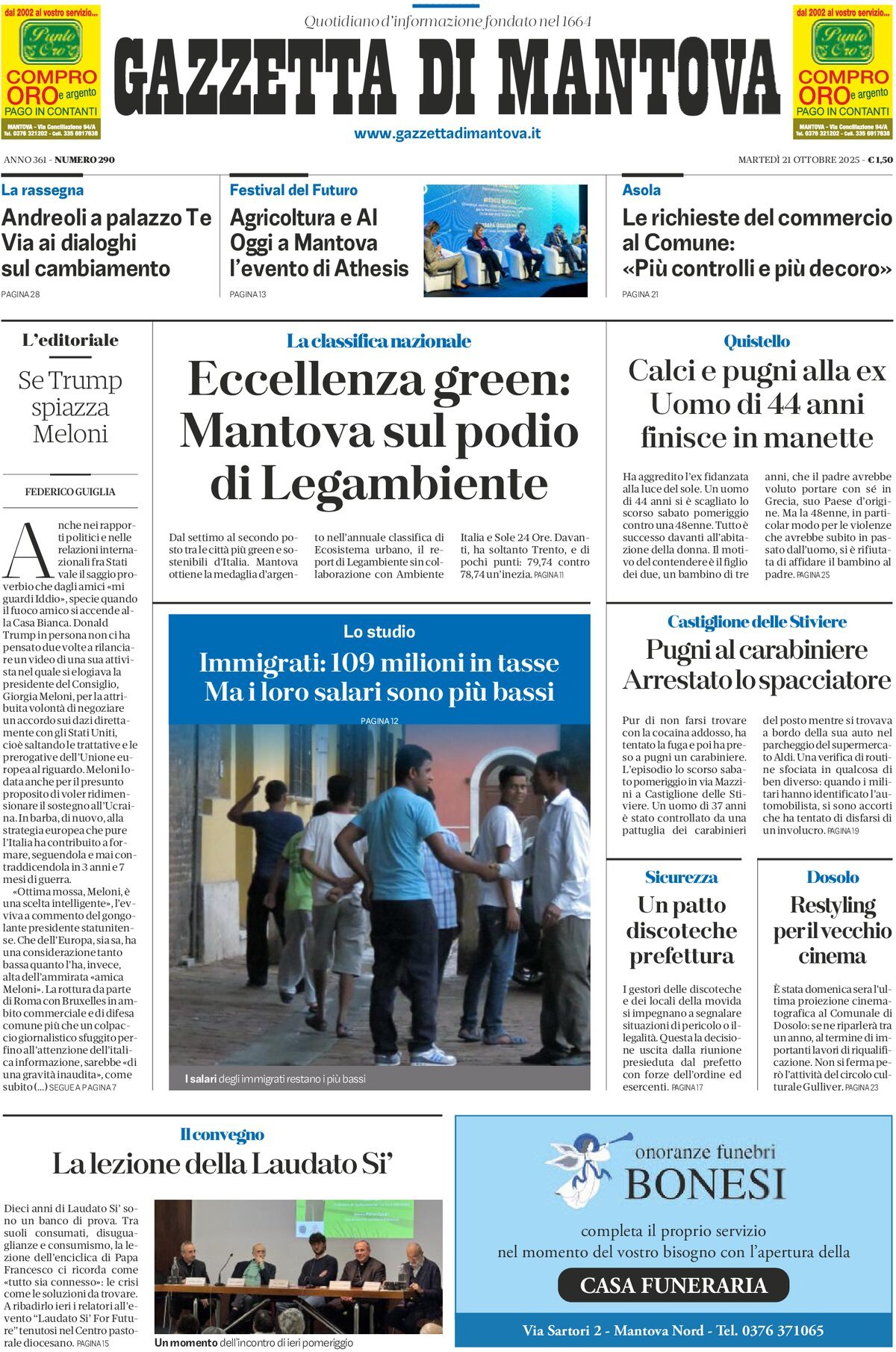 Prima Pagina Gazzetta di Mantova 21/10/2025