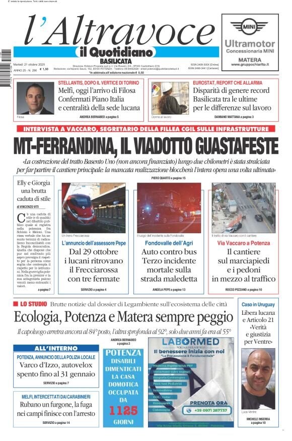 Prima Pagina Il Quotidiano del Sud (Basilicata) 21/10/2025