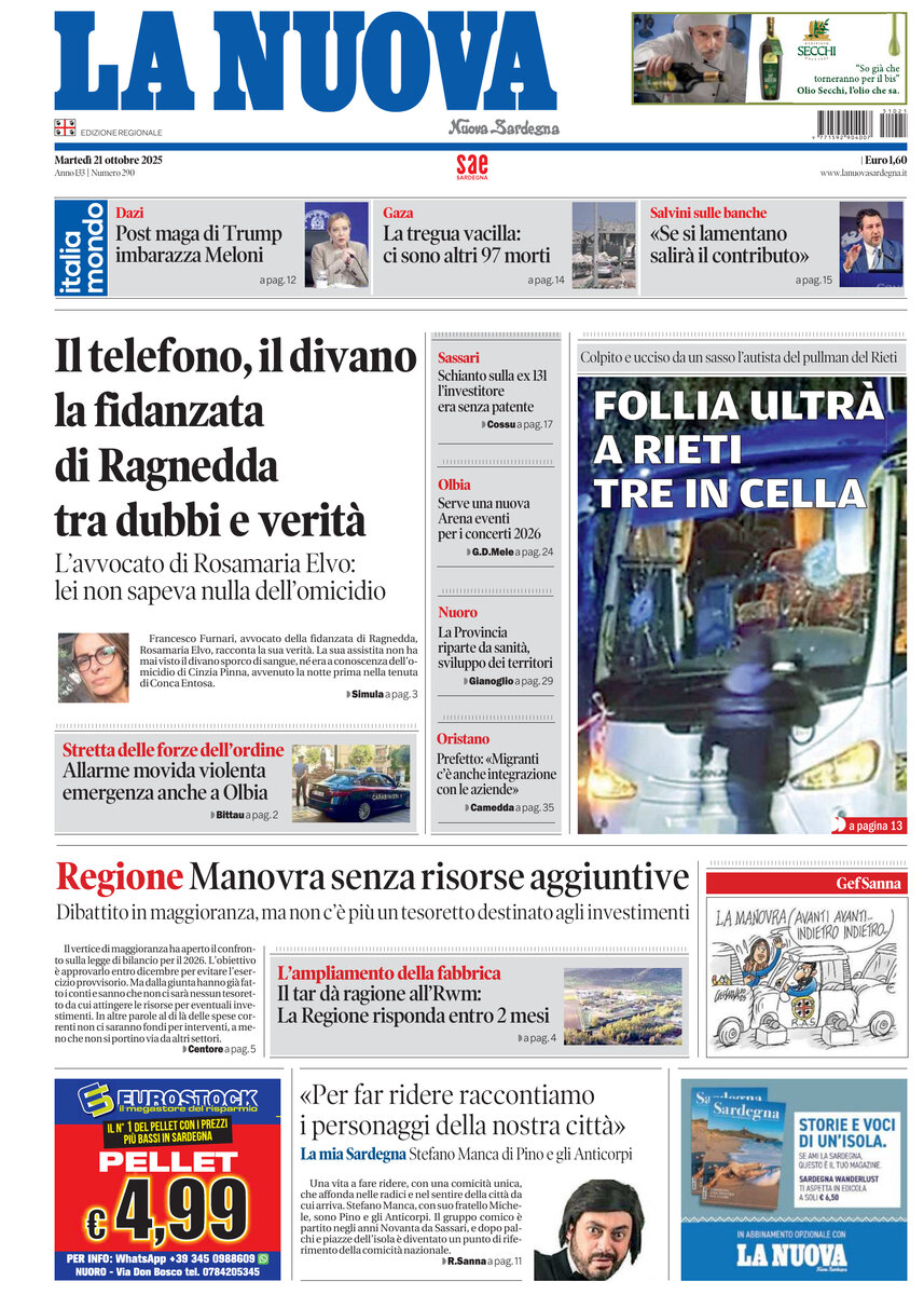 Prima Pagina La Nuova Sardegna 21/10/2025