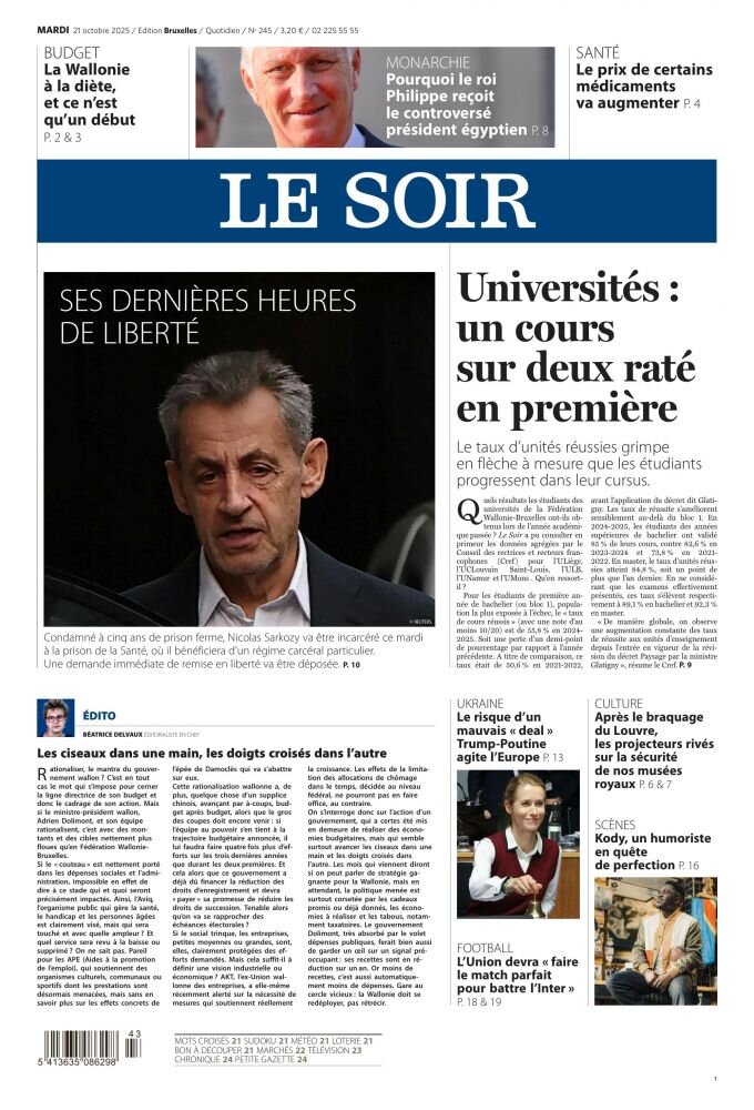 Prima Pagina Le Soir 21/10/2025