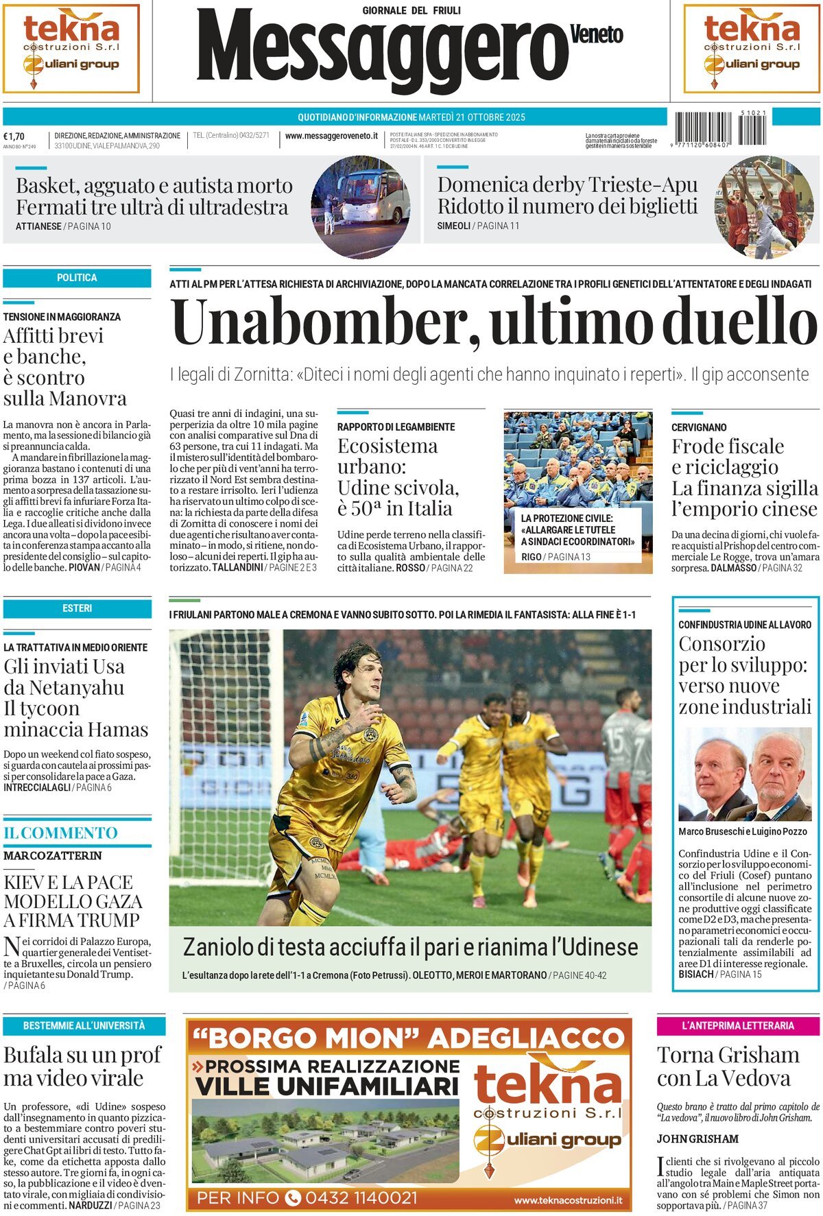 Prima Pagina Messaggero Veneto (Udine) 21/10/2025