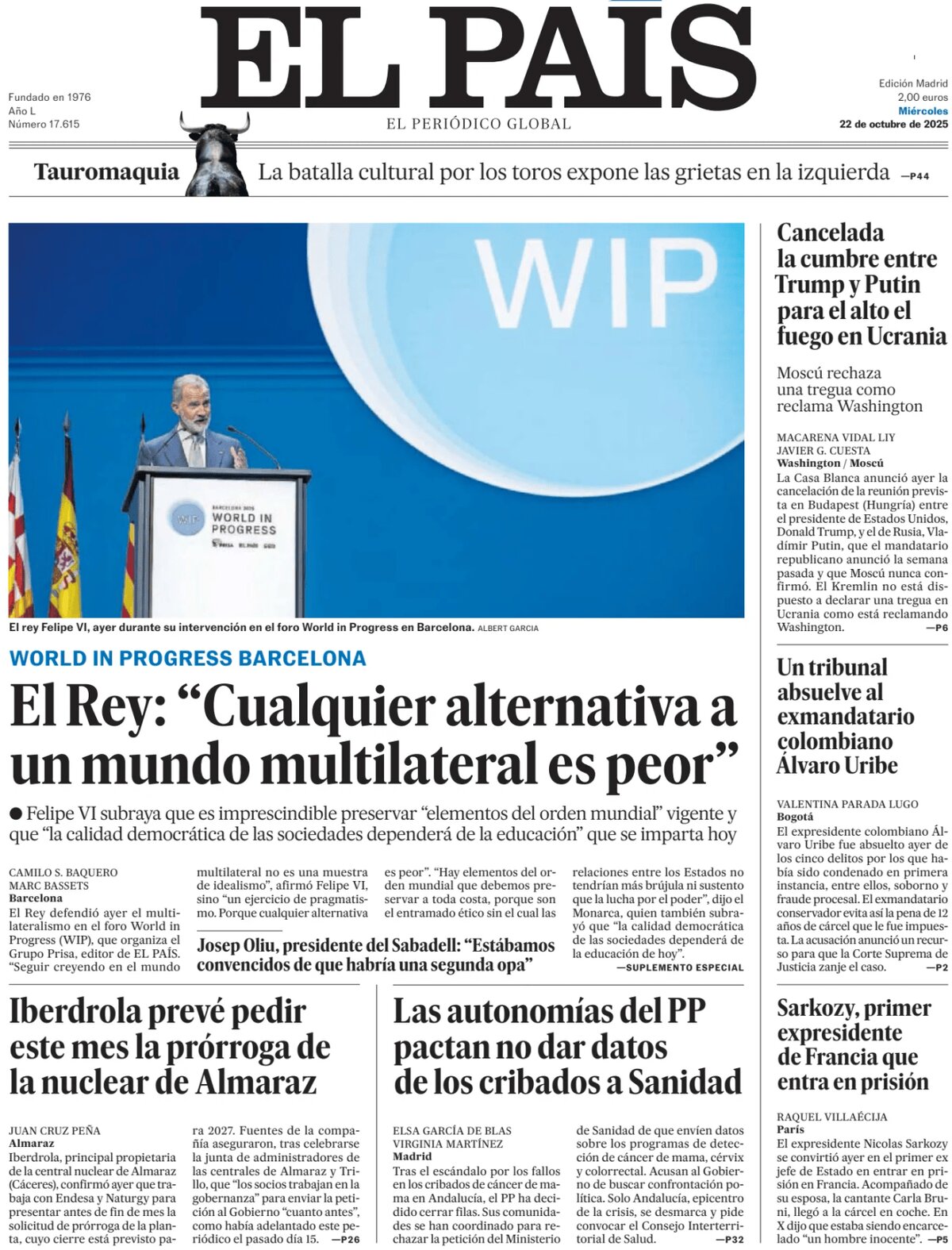 Prima Pagina El País 22/10/2025