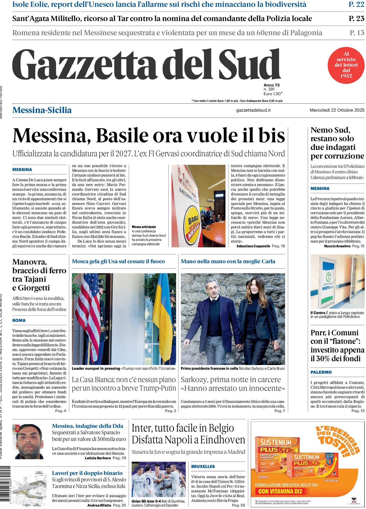 Prima Pagina Gazzetta del Sud (Messina) 22/10/2025