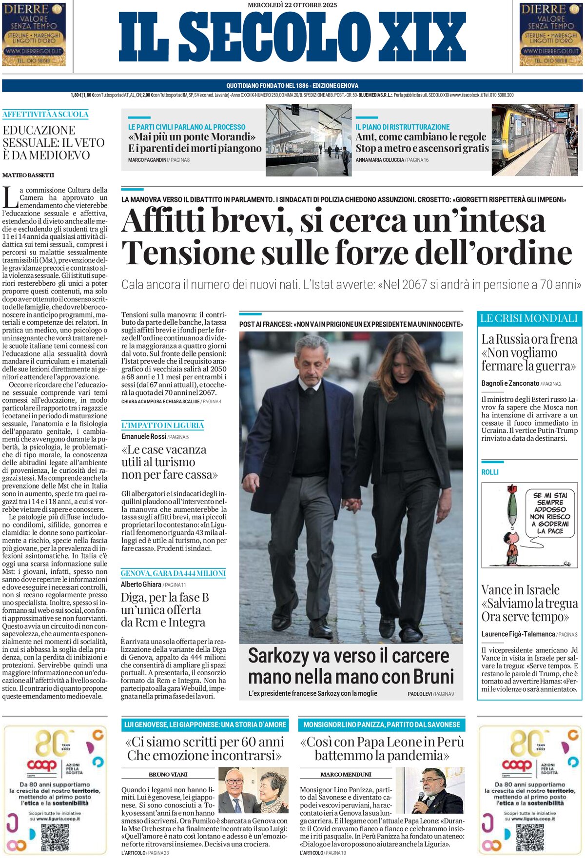 Prima Pagina Il Secolo XIX 22/10/2025