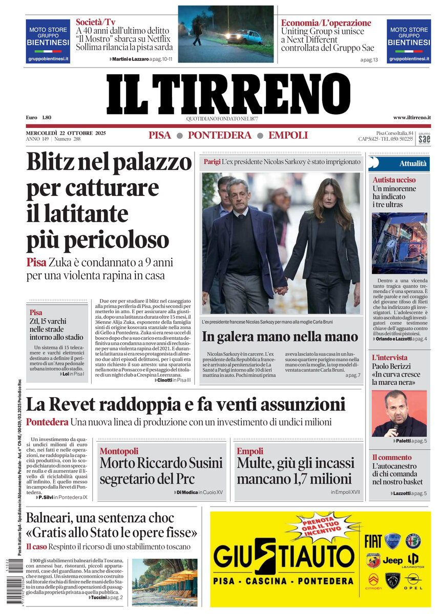 Prima Pagina Il Tirreno (Pisa, Pontedera) 22/10/2025