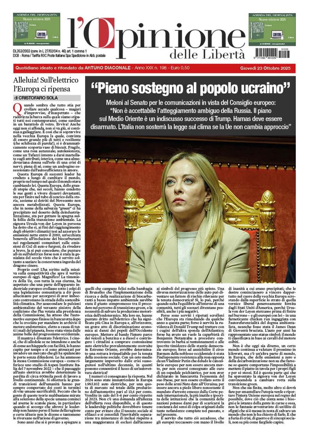 Prima Pagina L'Opinione delle Libertà 23/10/2025