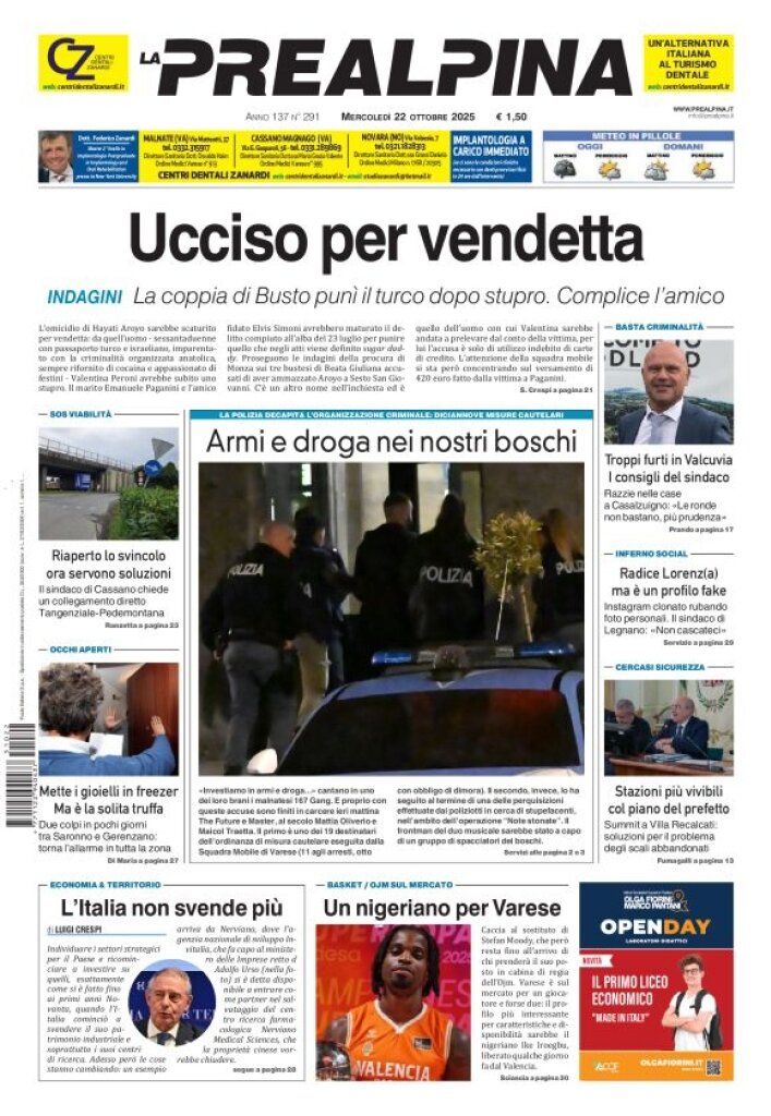 Prima Pagina La Prealpina 22/10/2025