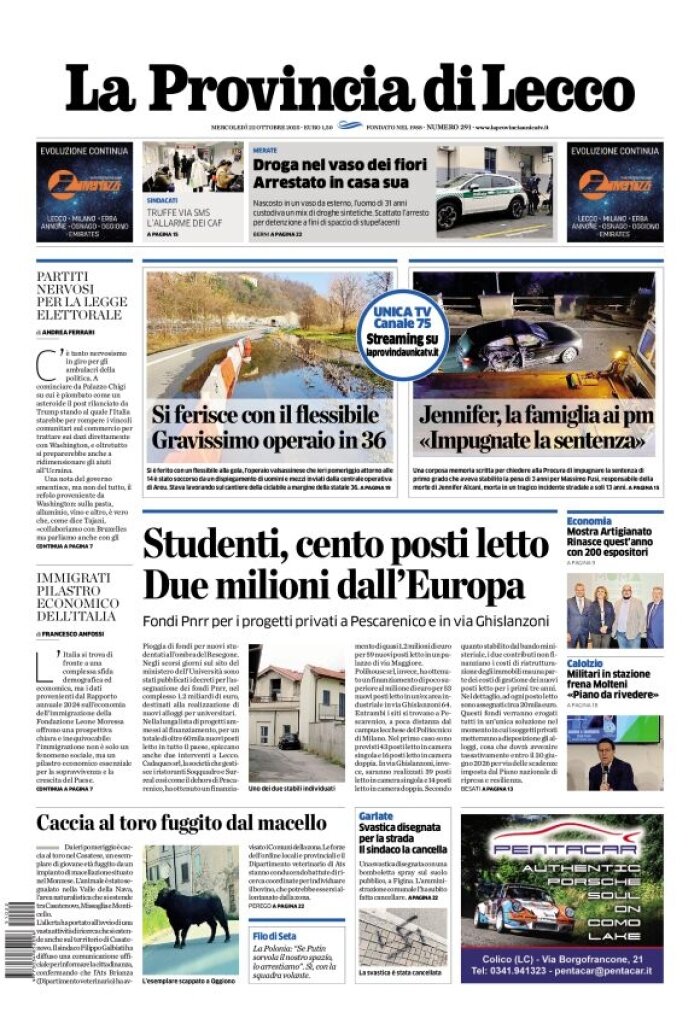 Prima Pagina La Provincia di Lecco 22/10/2025